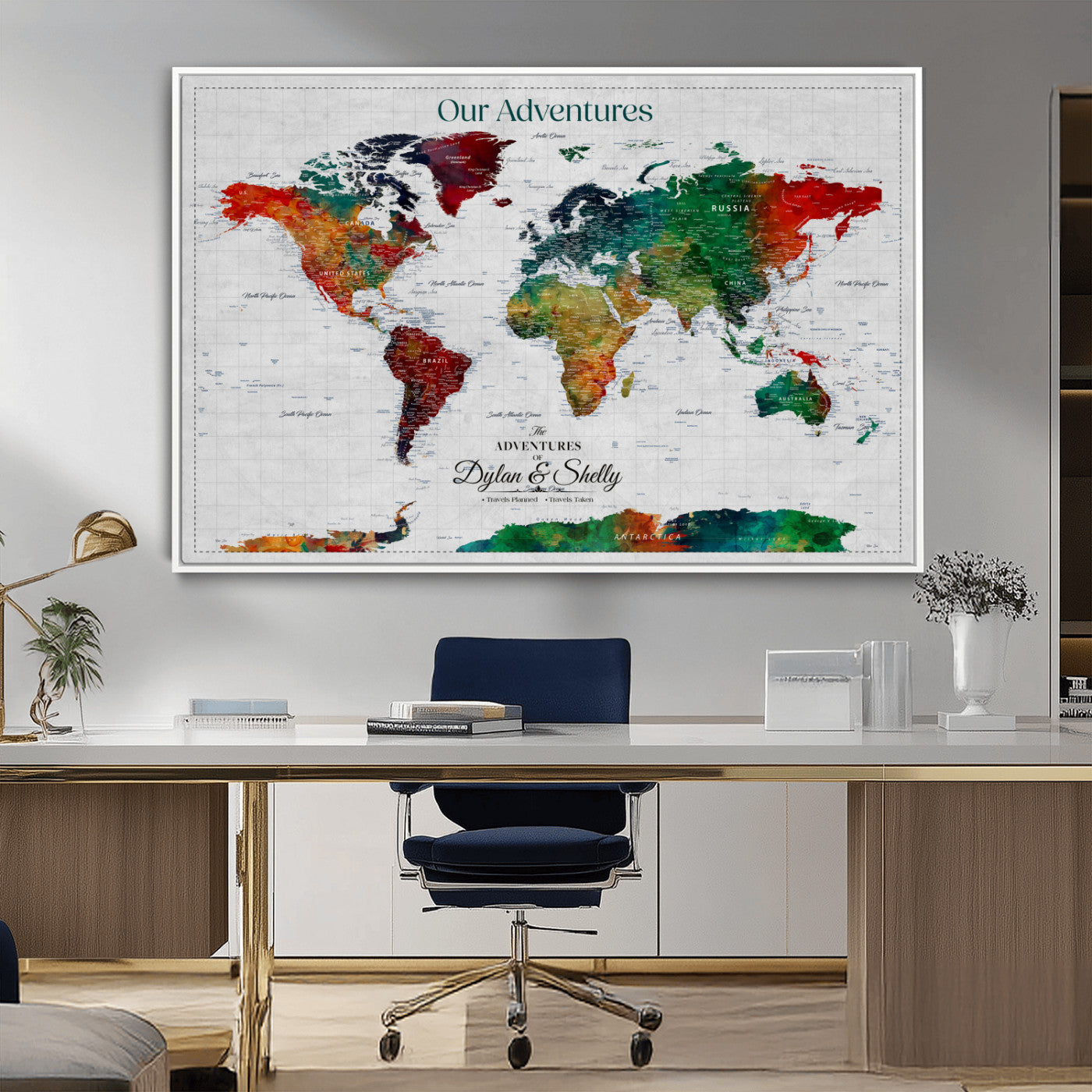 Rehber01-MGV-CV-36X24-Personalized World Map Canvas Wall Art – Custom Framed Push Pin Travel Tracker Print, Unique Gift for Home or Office Decor