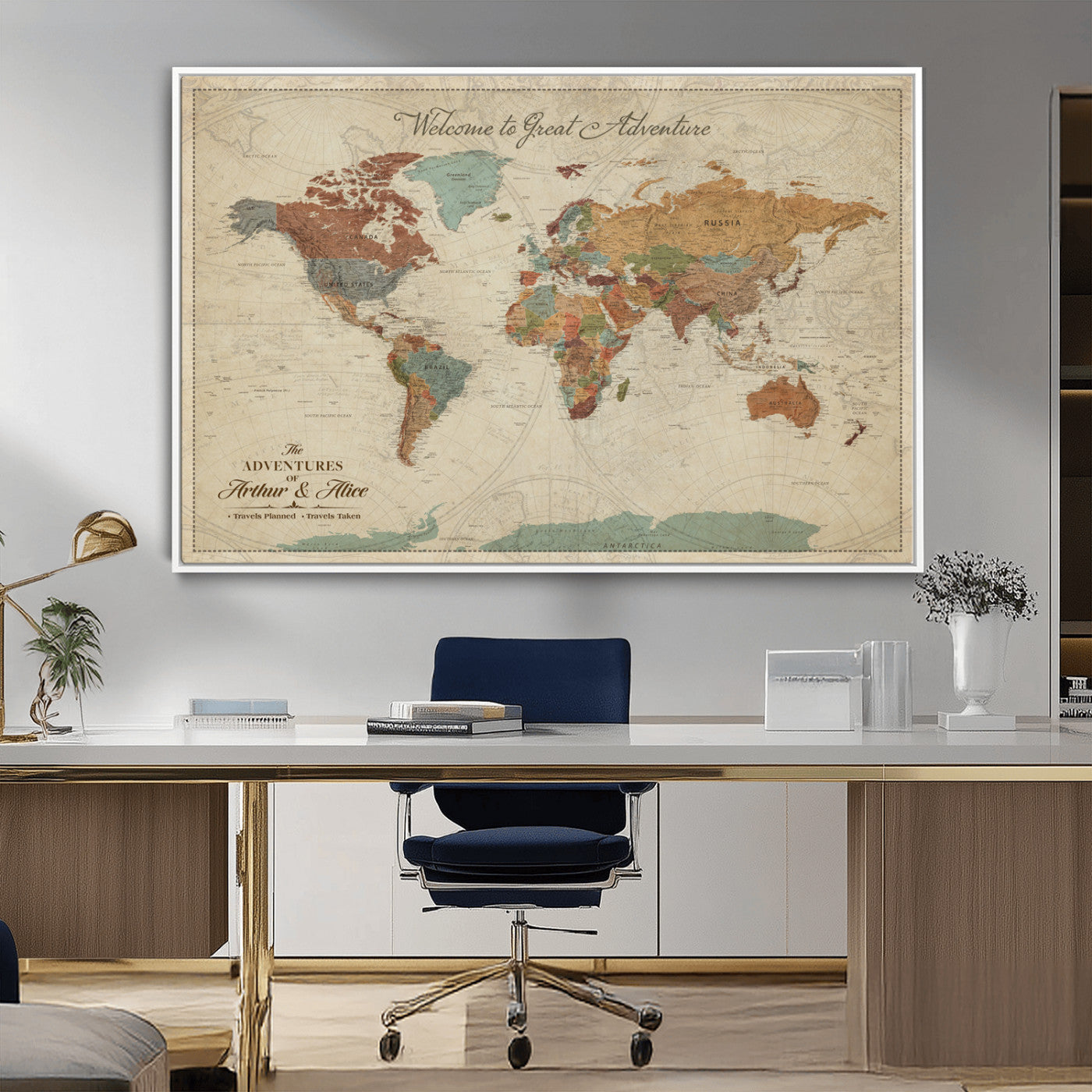 -Personalized World Map Canvas Wall Art – Custom Framed Push Pin Travel Tracker Print, Unique Gift for Home or Office Decor