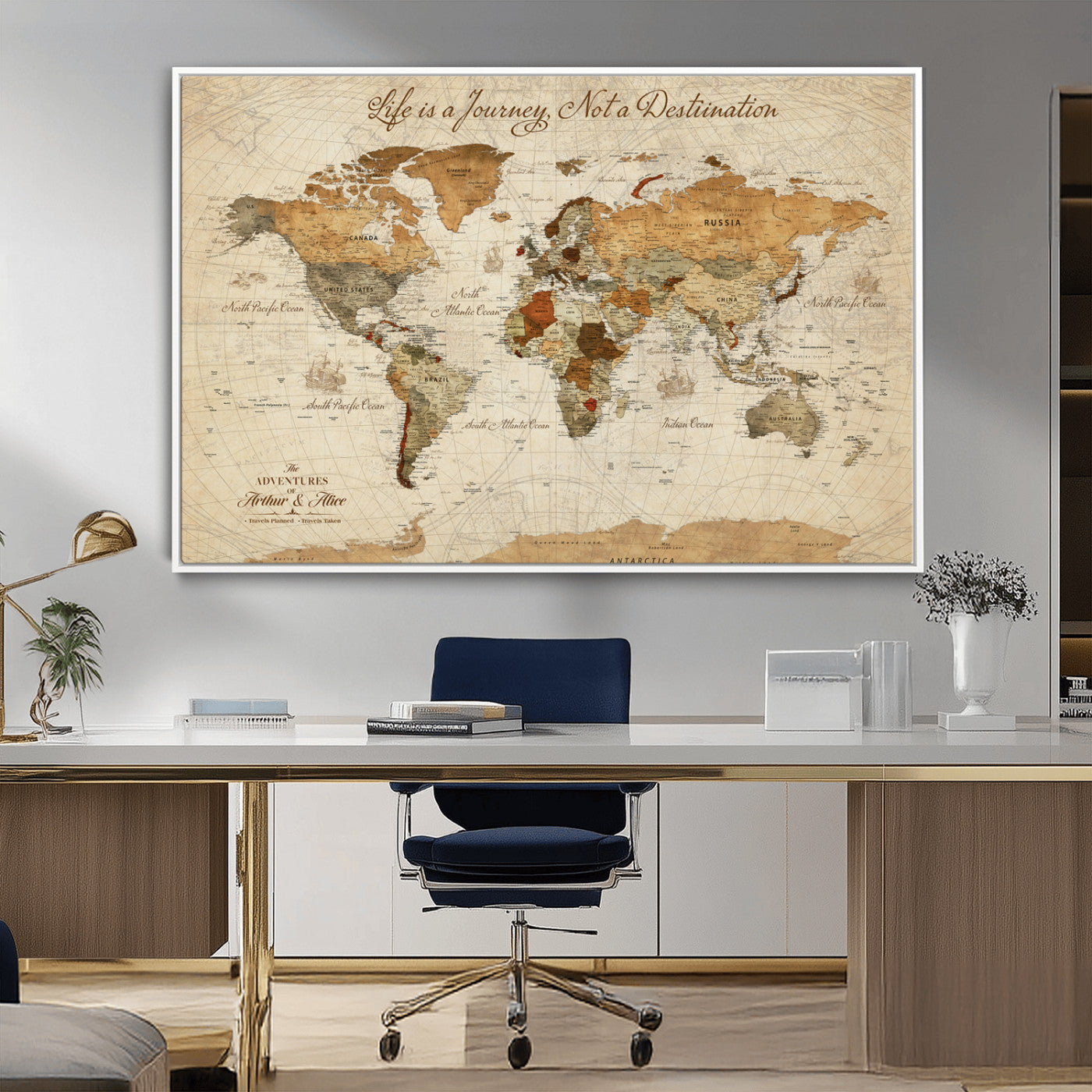 Rehber01-MGV-CV-36X24-Personalized Framed World Map Wall Art Canvas Print – Custom Push Pin Travel Tracker Handcrafted USA for Home Office