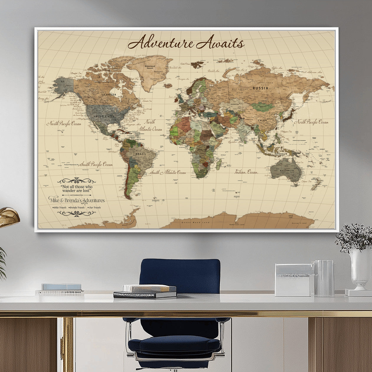 31875069-MGV-FC-36X24 - Customizable Push Pin World Map Wall Canvas Print – Personalize Travel Tracker with Pins – Framed Custom Quotie Canvas for Home Office Decor