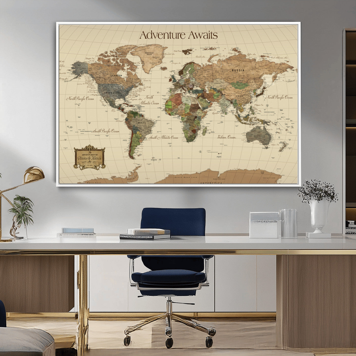 Rehber01-MGV-CV-36X24-Custom Push Pin World Map Wall Art Canvas Print – Personalized Travel Tracker Adventure Destination Gift for Home Office