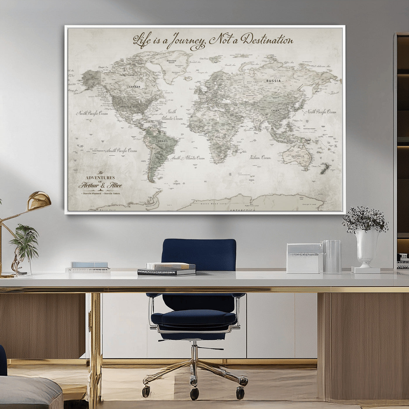 11398637-MGV-CV-36X24-Personalized Vintage World Map Canvas Print – Framed Push Pin Travel Tracker Neutral Elegant Artwork for Home, Office