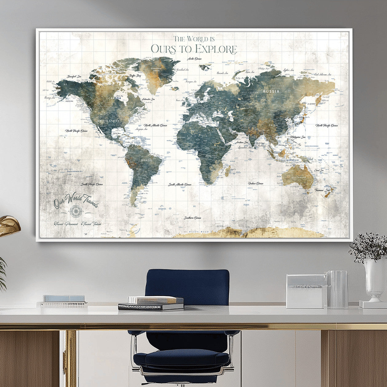 14988581-MGV-FC-36X24 - Custom Push Pin World Map Wall Canvas Print – Personalized Travel Tracker with Pins – Framed Custom Quotie Canvas for Home Office Decor