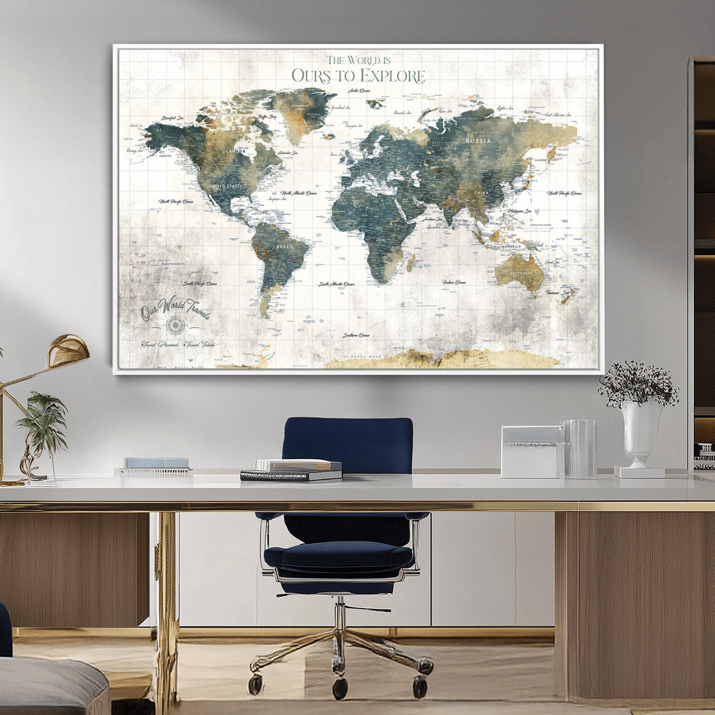 -Custom Push Pin World Map Wall Art Canvas Print – Adventure Travel Tracker Map with Pins Artwork for Home Office
