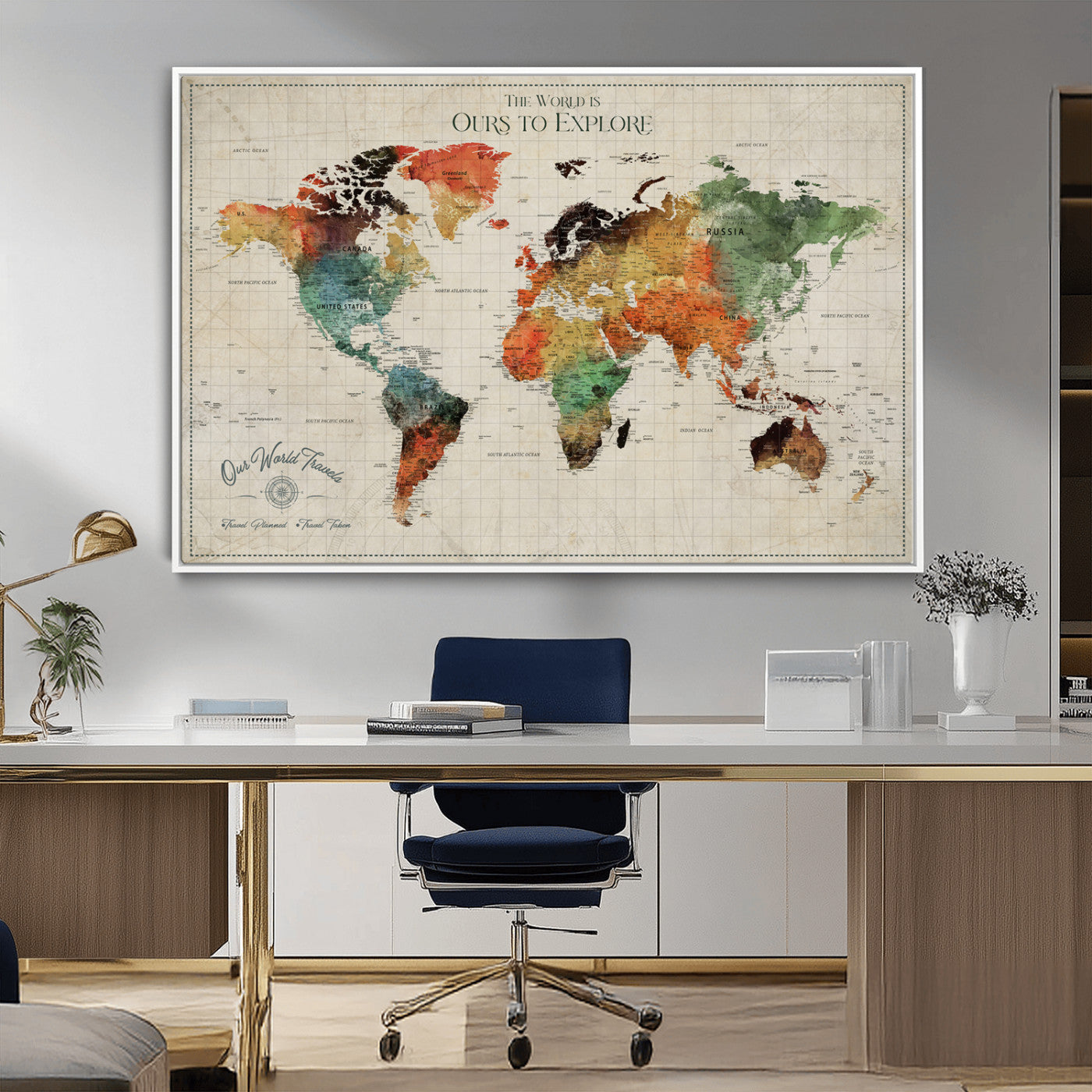 Rehber01-MGV-CV-36X24-Custom Push Pin World Map Wall Art Canvas Print – Personalized Travel Tracker Map Framed Artwork for Home Office