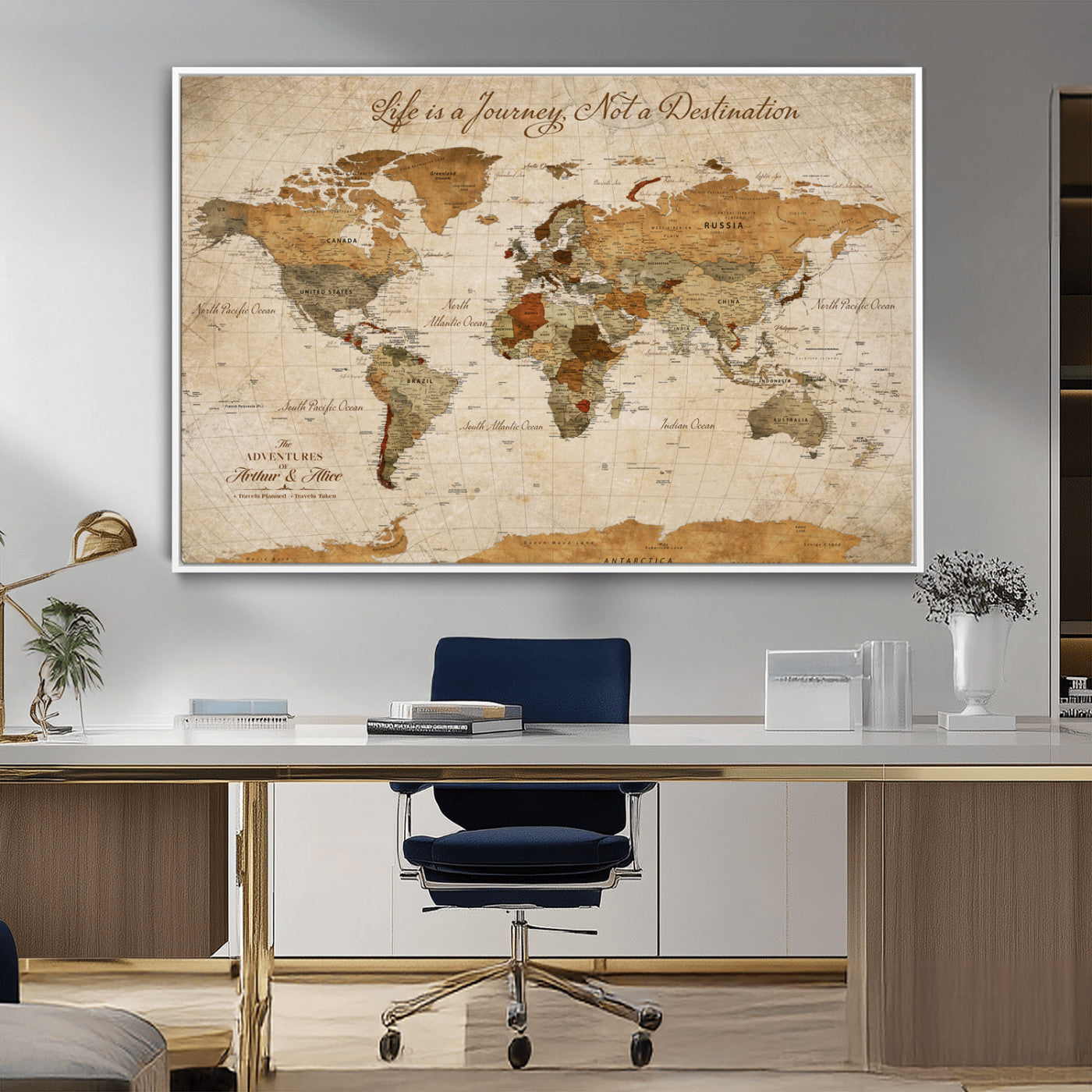 Rehber01-MGV-CV-36X24-Personalized Vintage World Map Canvas – Custom Framed Push Pin Travel Map Wall Art, Rustic Gift for Couples and Travel Lovers