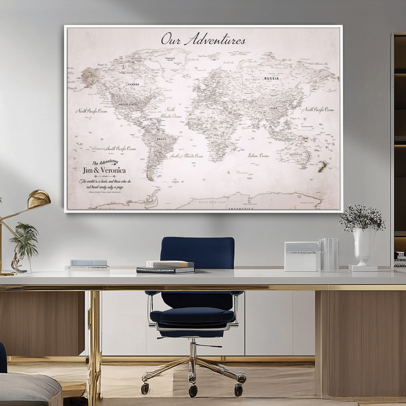 -Customize Push Pin World Map Wall Art Canvas Print – Personalized Travel Map with Foam Pins Framed for home, office