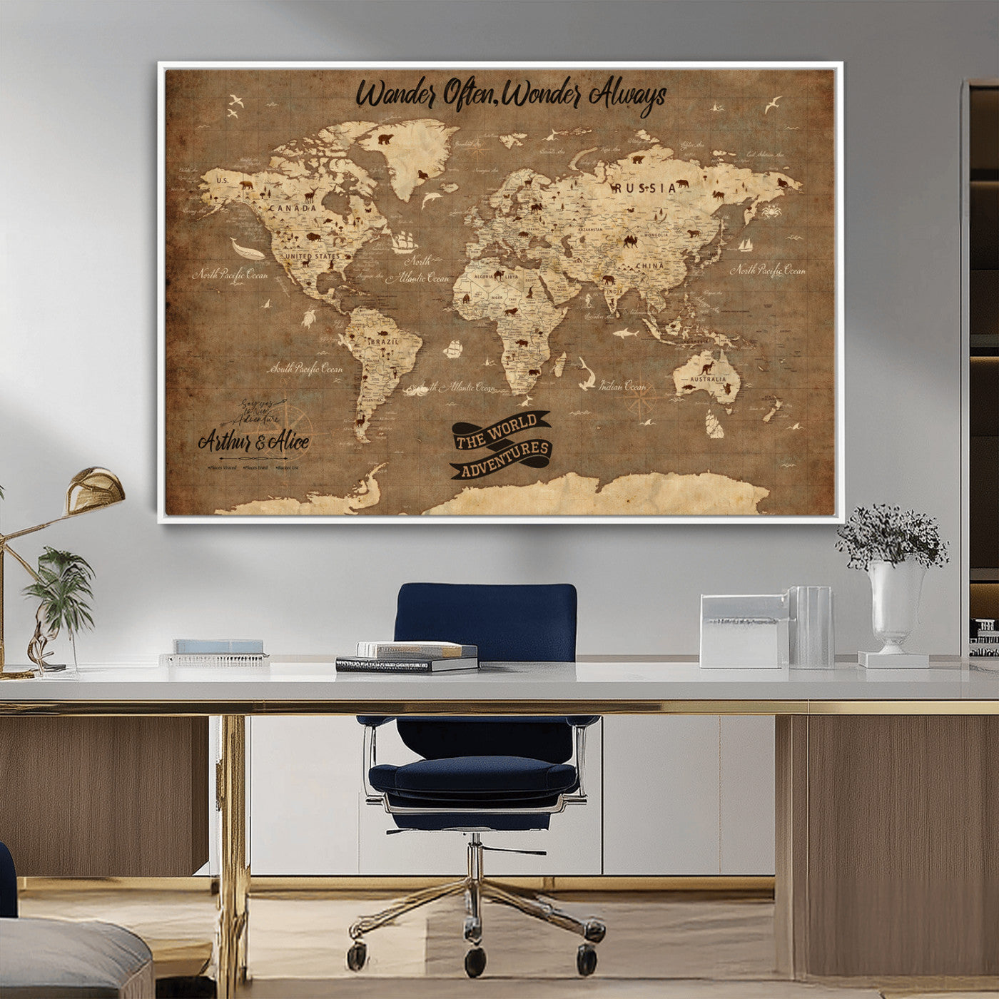 Rehber01-MGV-CV-36X24-Customize Push Pin World Map Wall Art Canvas Print – Personalized Kids Room Framed Map Adventure Travel for home, office