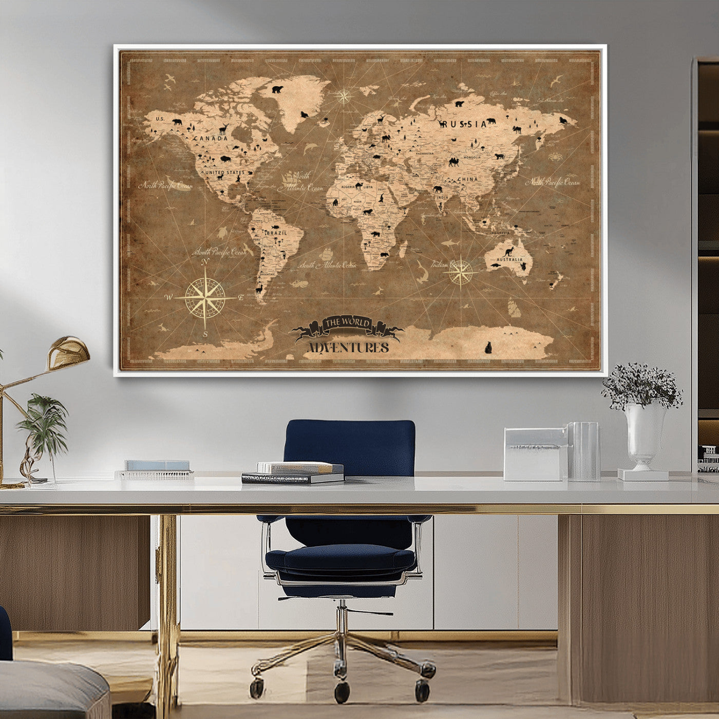 Rehber01-MGV-CV-36X24-Customize Push Pin World Map Wall Art Canvas Print – Personalized Kids Room Framed Map Travel Tracker for home, office