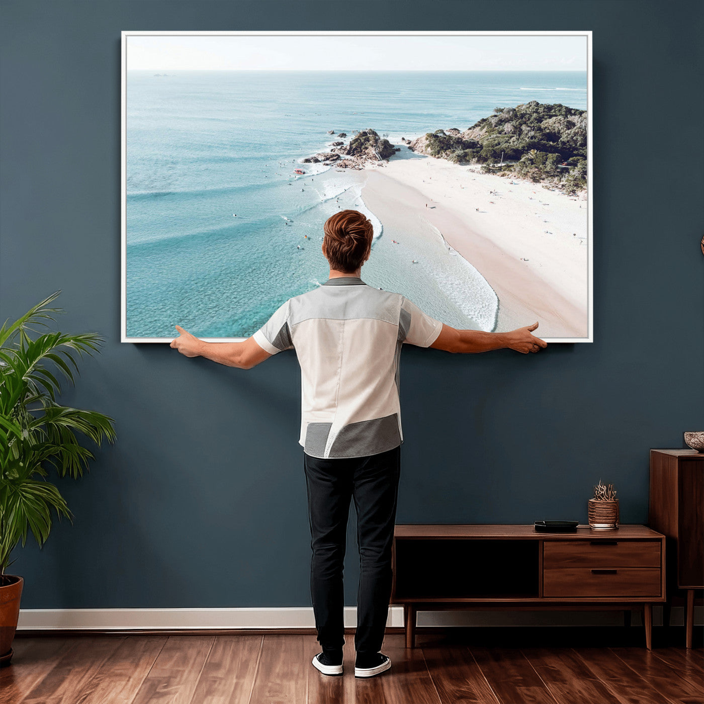 79395467-MGV-CV-36X24 - Aerial Beach Wall Art Canvas Print, Coastal Ocean Waves and Surfers Scenic Seaside Artwork for Home, Office Decor