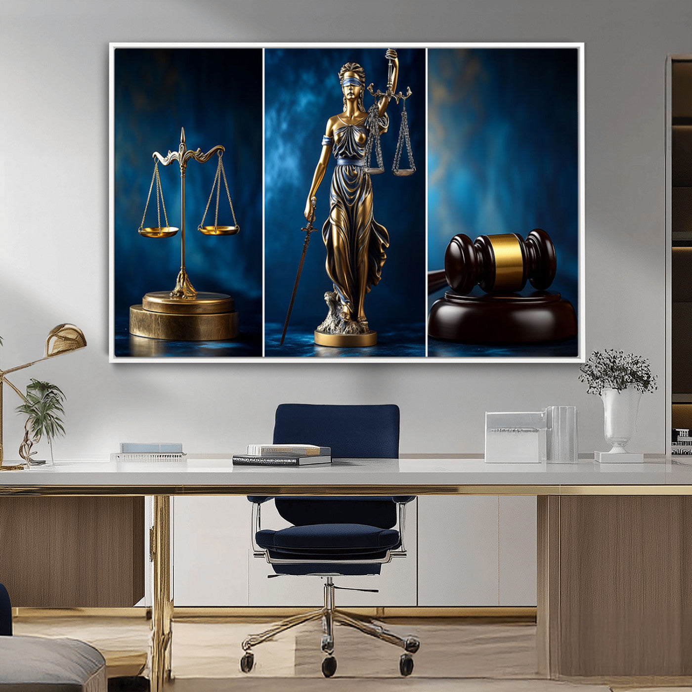 87750525-MGV-CV-36X24-Justice Scales Statue Wall Art, Lady Justice Sculpture Canvas Print, Legal Law Decor, Courtroom