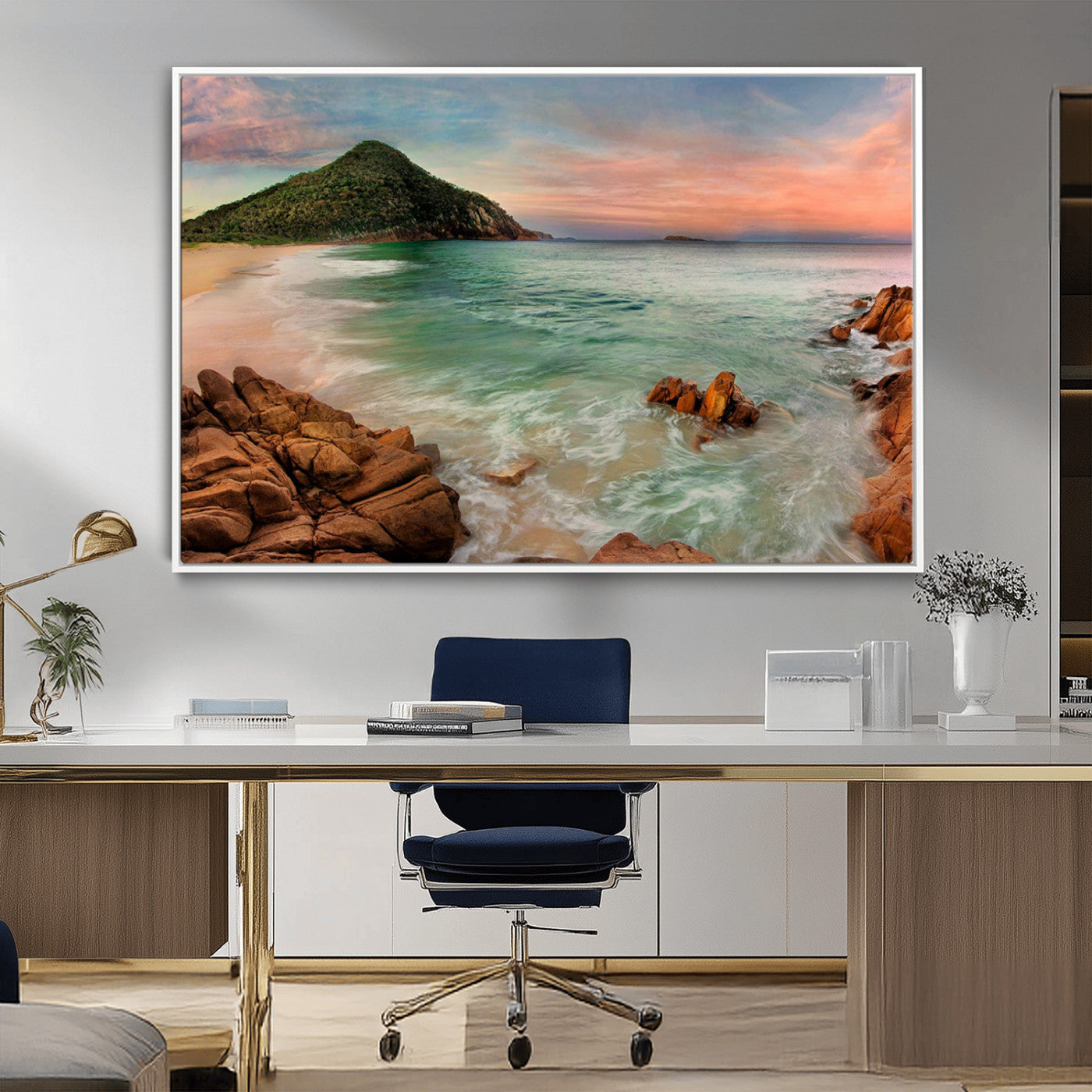 -Coastal Landscape Wall Art Canvas Print – Rocky Shore and Green Hills at Sunset Beautiful Ocean View Artwork for Home, Office
