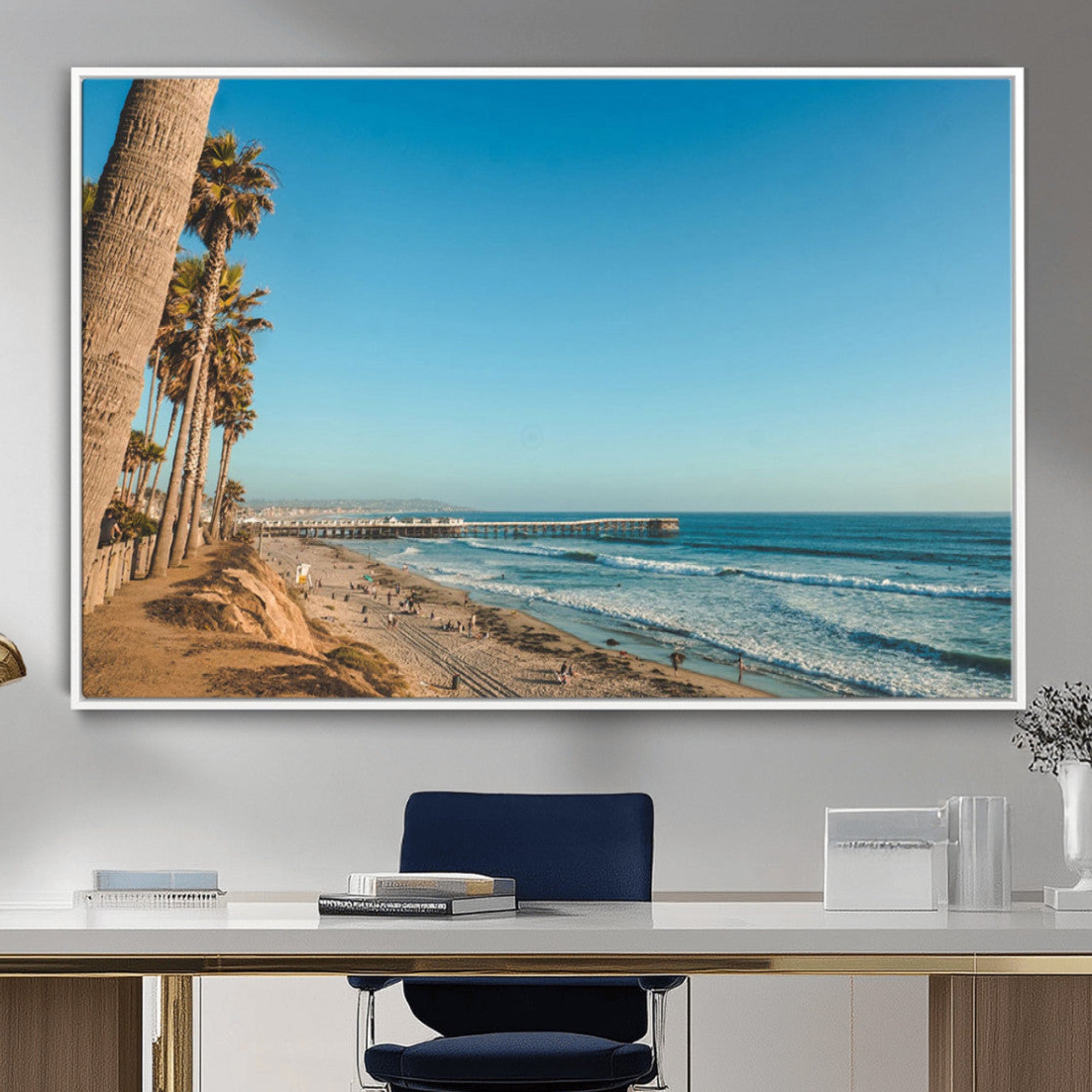 92568259-MGV-CV-36X24-Scenic Beach Wall Art Canvas Print – Tall Palm Trees, Sandy Shore, Long Pier Stretching into Calm Ocean Artwork for Home, Office