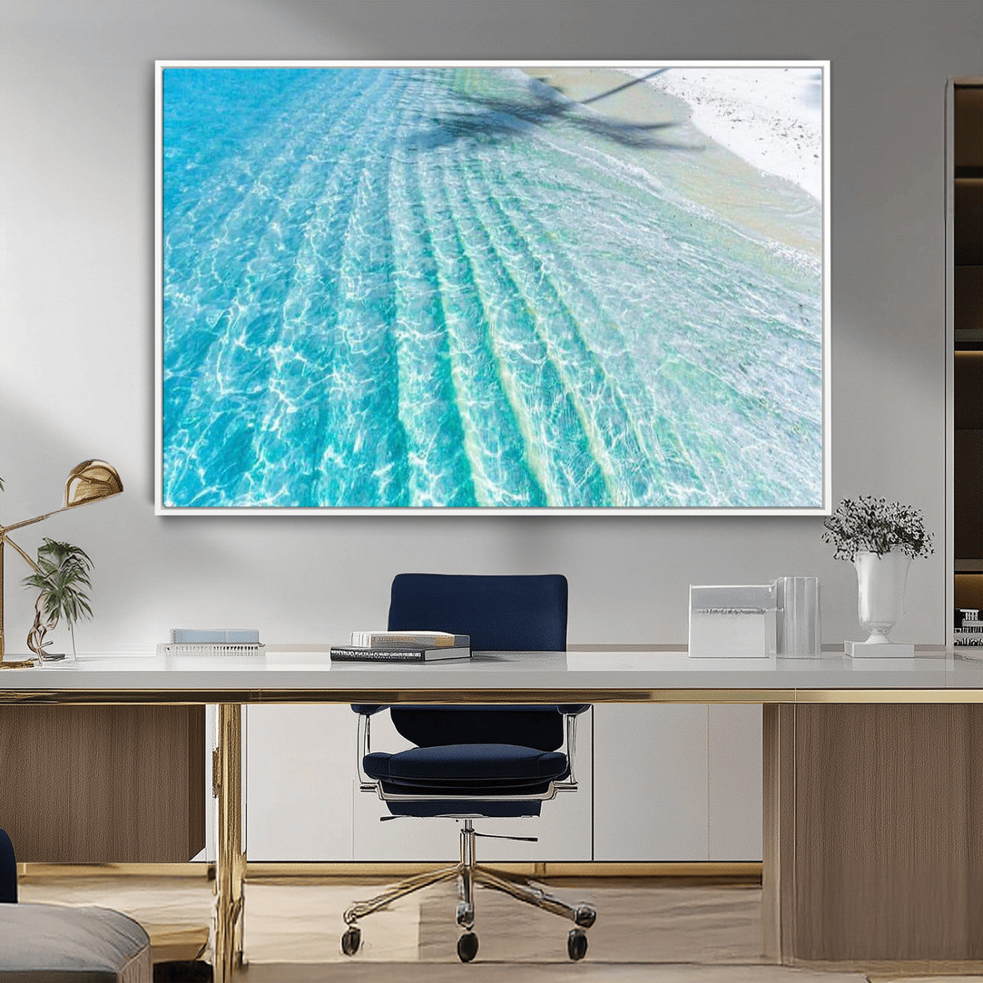 17528159-MGV-FC-36X24_White-Crystal Clear Ocean Wall Art Canvas Print – Sunlight Reflections and Palm Tree Shadow on Sandy Beach Artwork for Home, Office