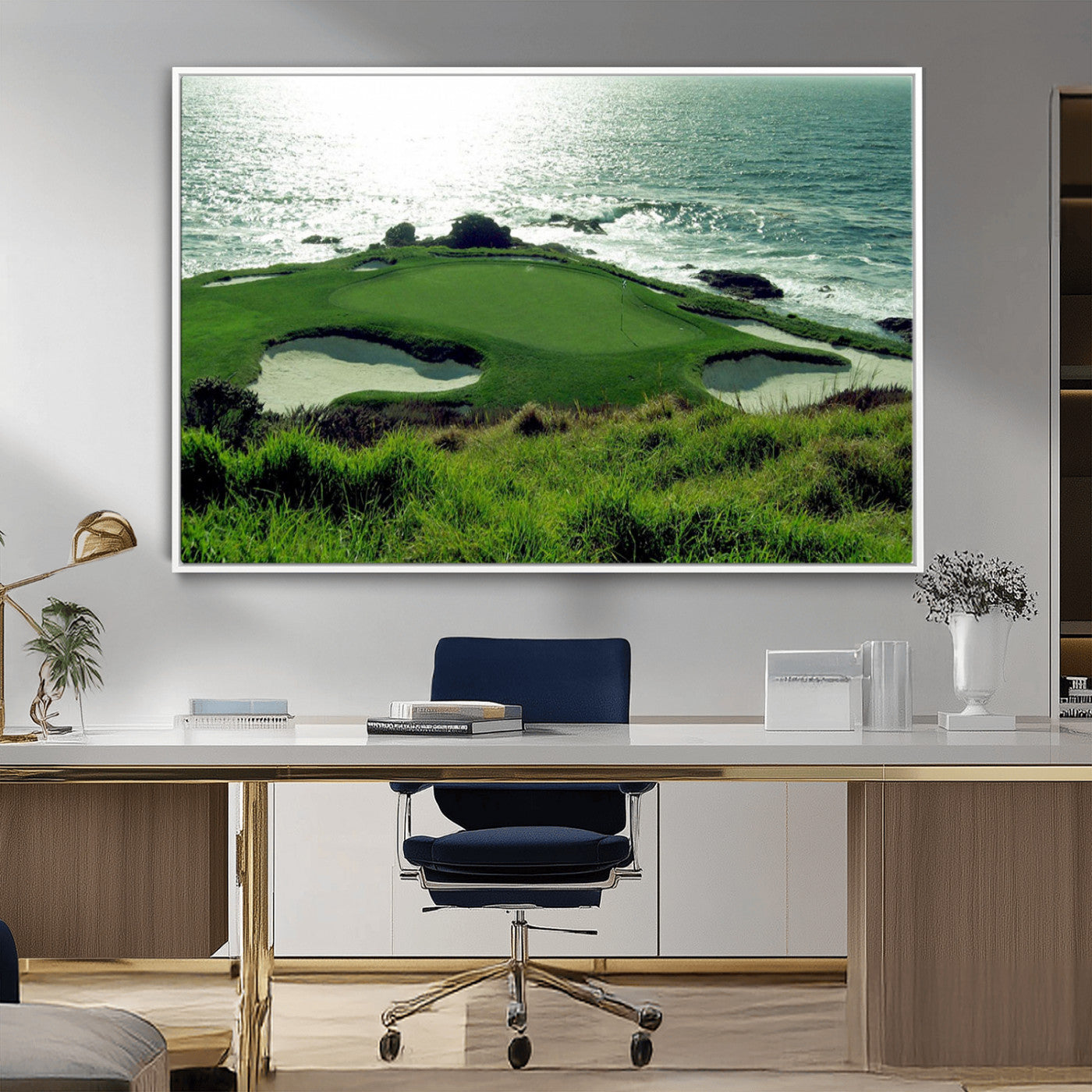 -Coastal Golf Course Wall Art Canvas Print – Scenic Green Surrounded by Sand Bunkers and Ocean Waves Artwork for Home, Office