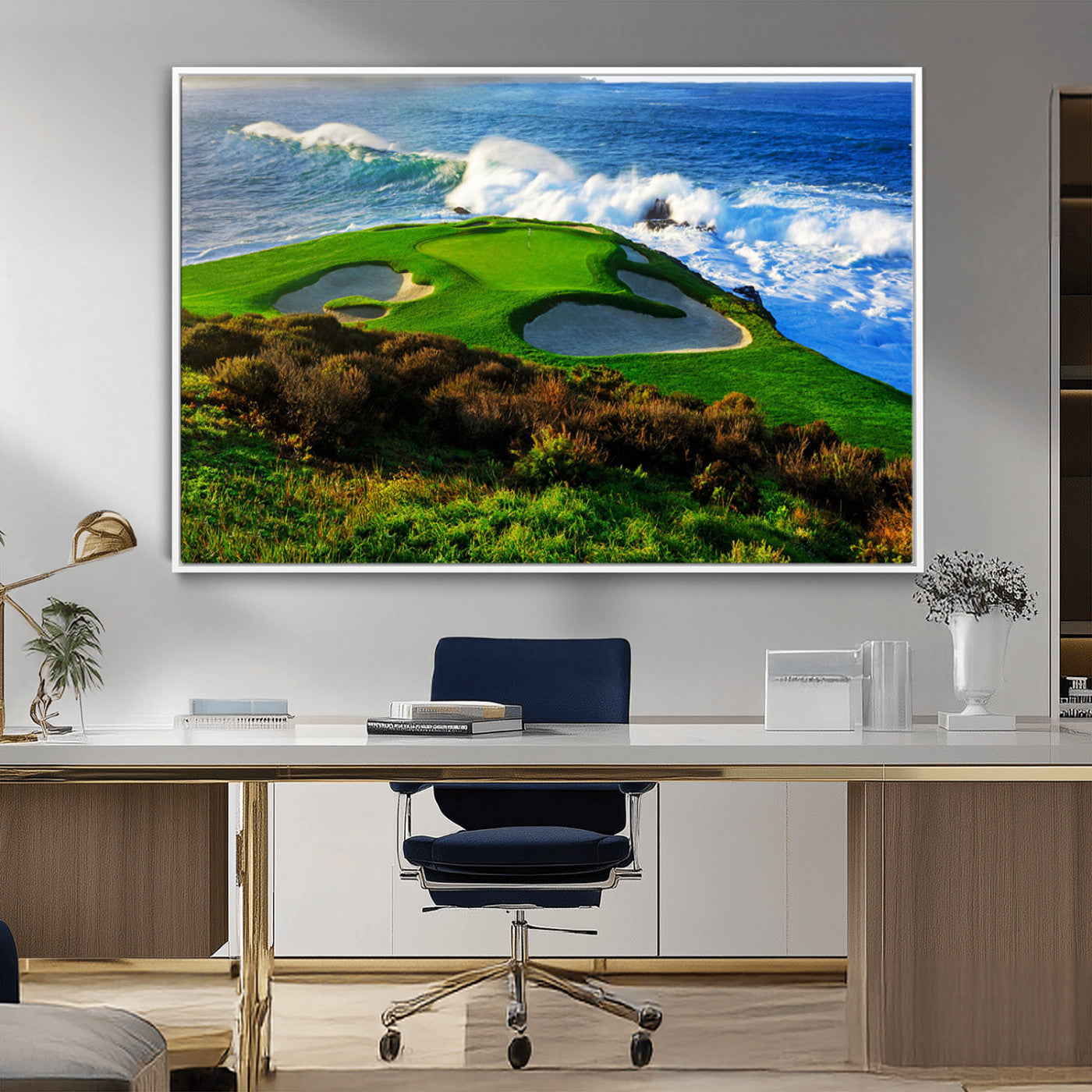 34181847-MGV-CV-36X24-Coastal Golf Course Wall Art Canvas Print – Vibrant Green with Sand Bunkers Overlooking Ocean Waves Artwork for Home, Office