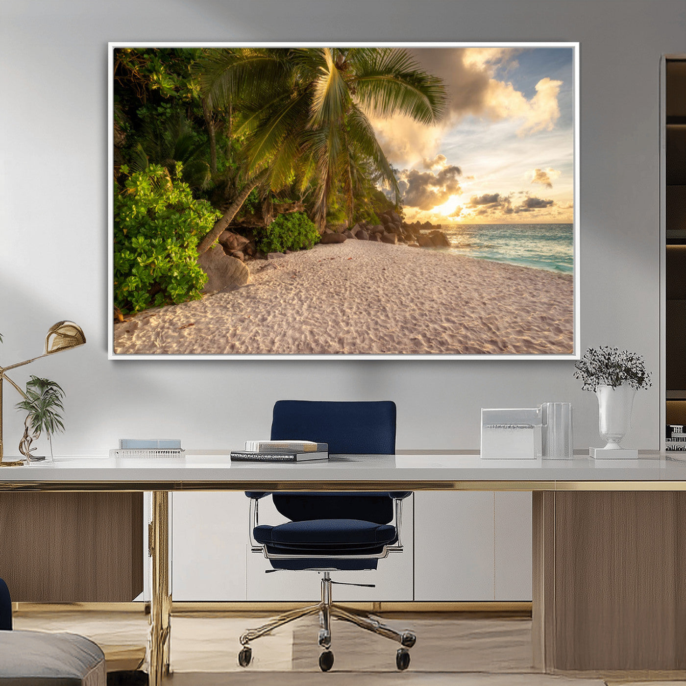 MGV-FC-36X24 - Tropical beach sunset, palm trees, white sand, ocean waves, golden sky, serene landscape, nature
