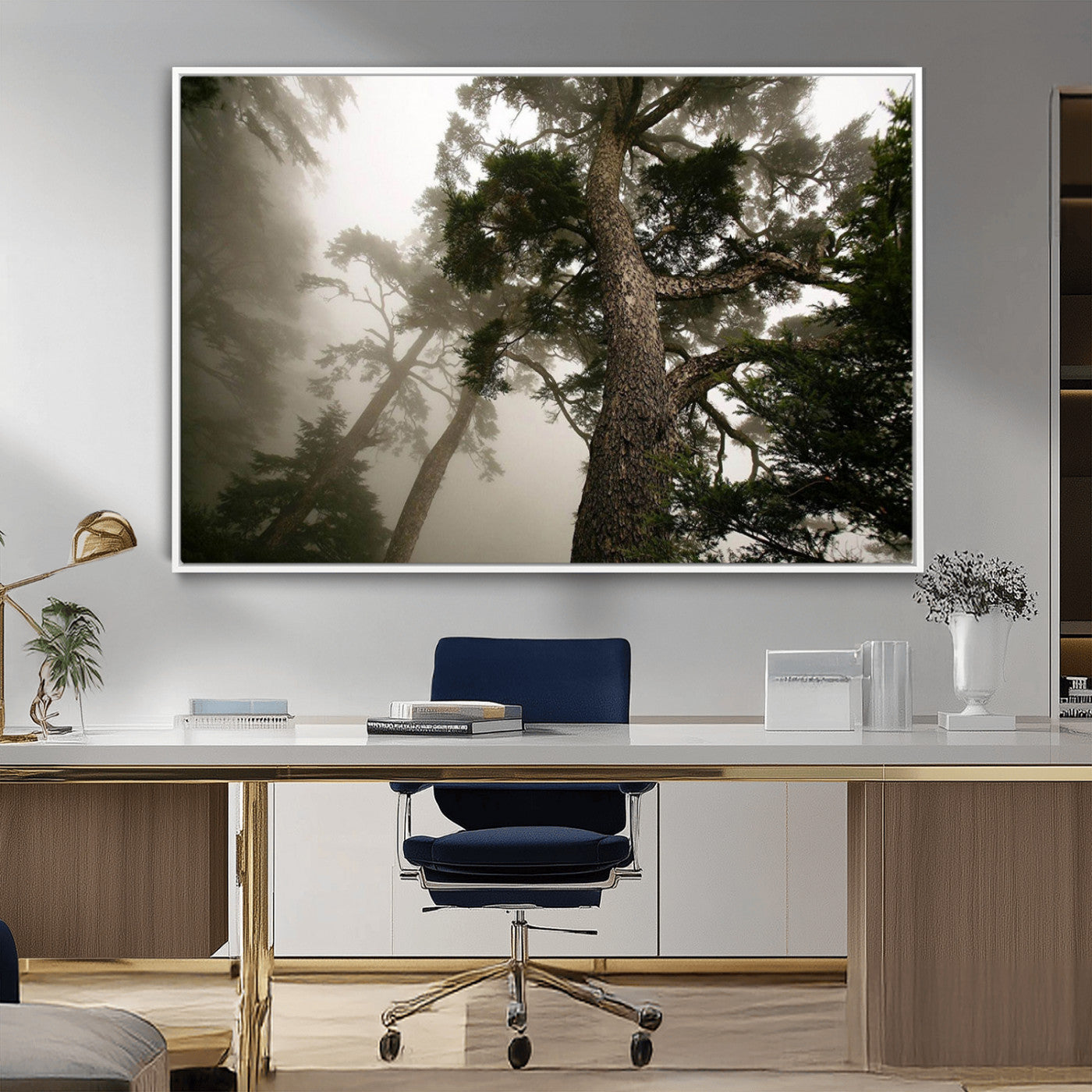-Misty Forest Tall Trees Foggy Atmosphere Nature Serenity Calm Wooded Landscape Tranquil Scene