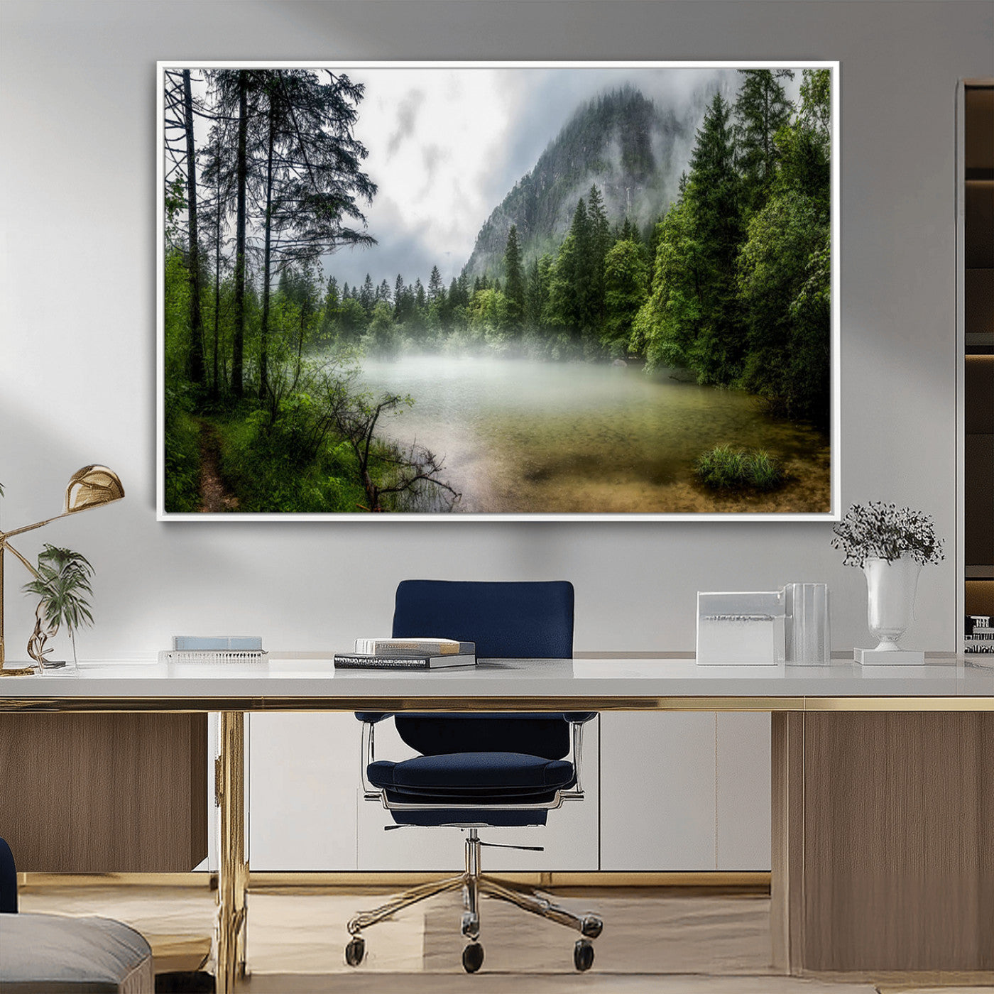 -Misty Lake Forest Green Trees Calm Water Reflection Mountain Fog Nature Landscape Outdoor Scenic