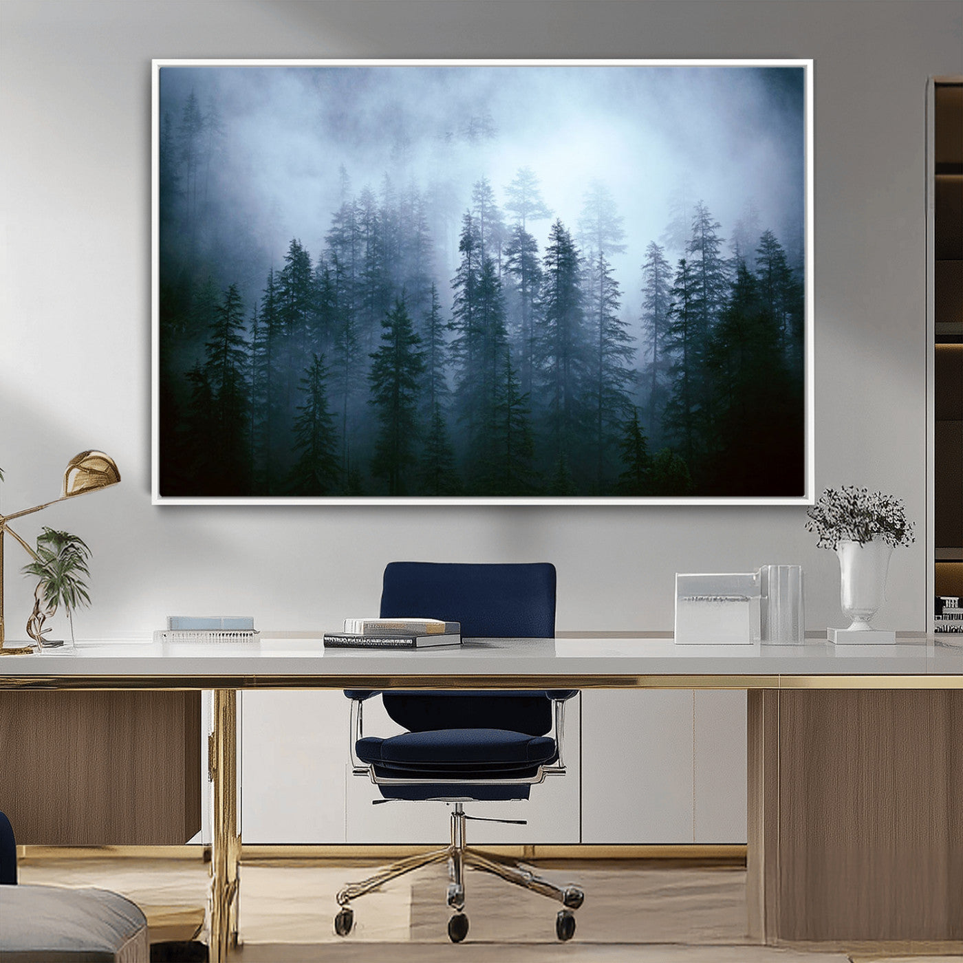 93439624-MGV-CV-36X24-Foggy Evergreen Pines Mist Forest Blue Haze Moody Atmospheric Wilderness Nature Trees Scenic