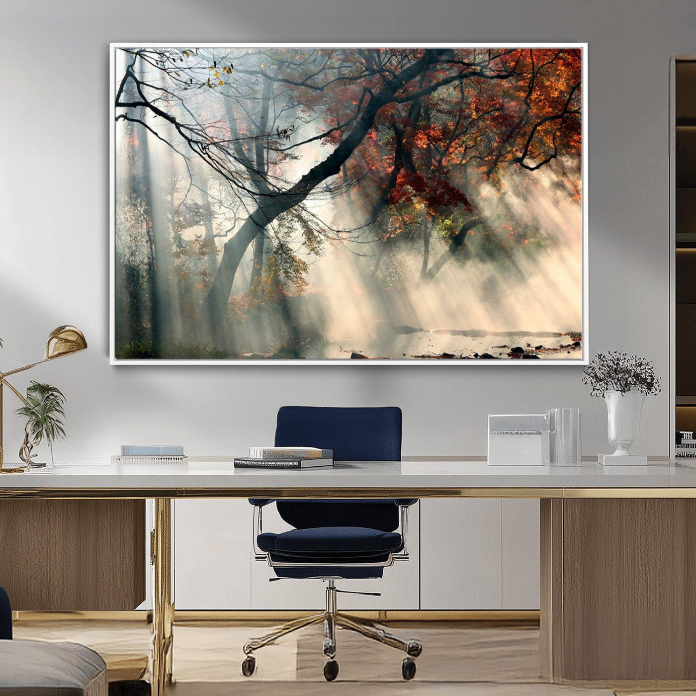 -Sunlit Autumn Forest Wall Art Canvas Print – Framed Mist Trees Scene with Peaceful Rays Artwork for Home, Office