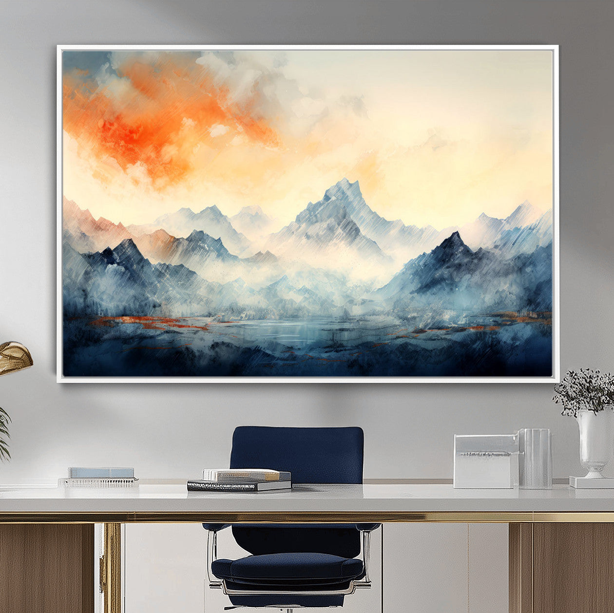 WRM1005-MGV-FC-36X24 - Warm Clouds Abstract Mountain Wall Art, Modern Landscape Canvas Print, Minimal Framed Artwork for Home, Office