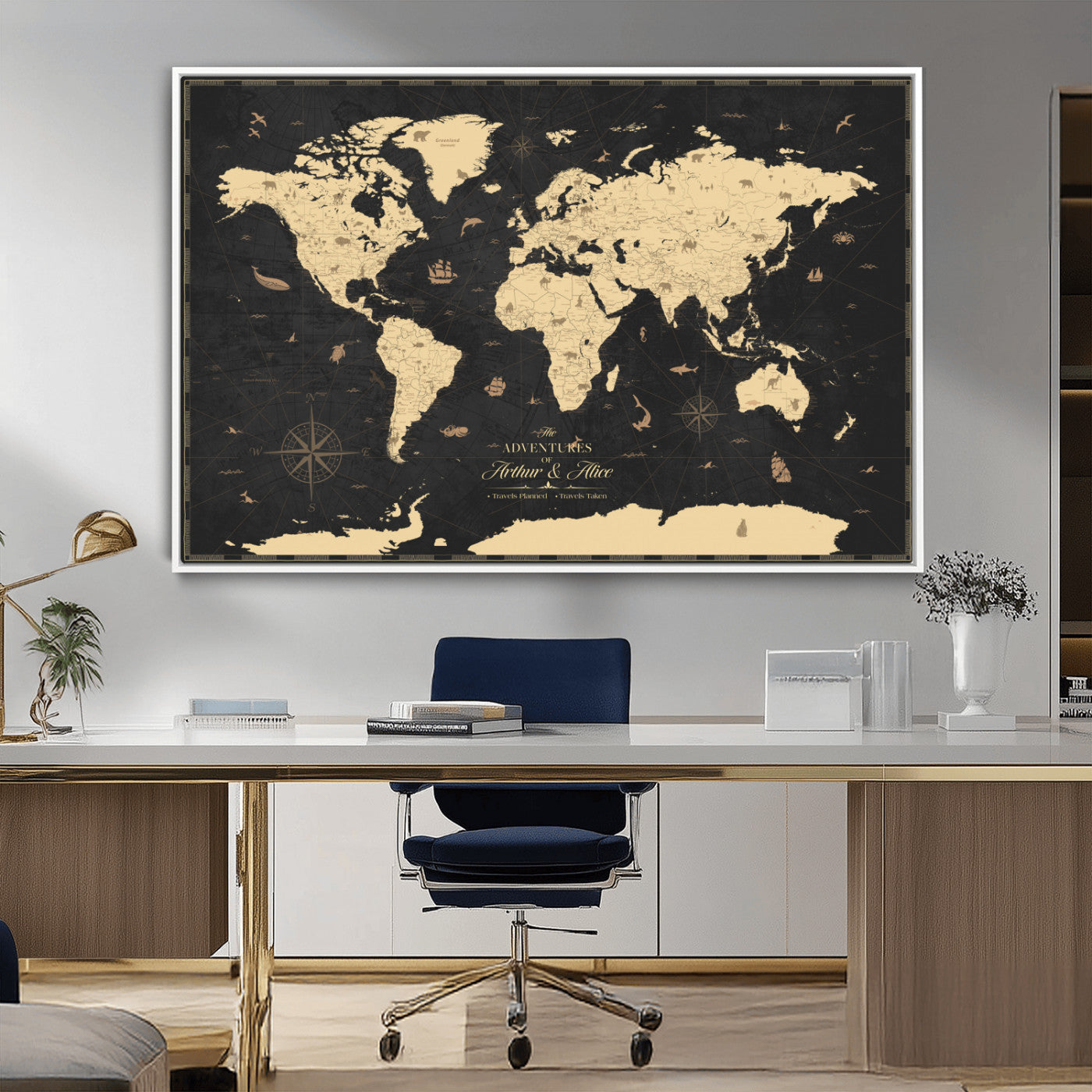 MGV-FC-36X24 - Personalized World Map Wall Art Canvas Print – Custom Push Pin Travel Map for Couples, Families, or Office Décor