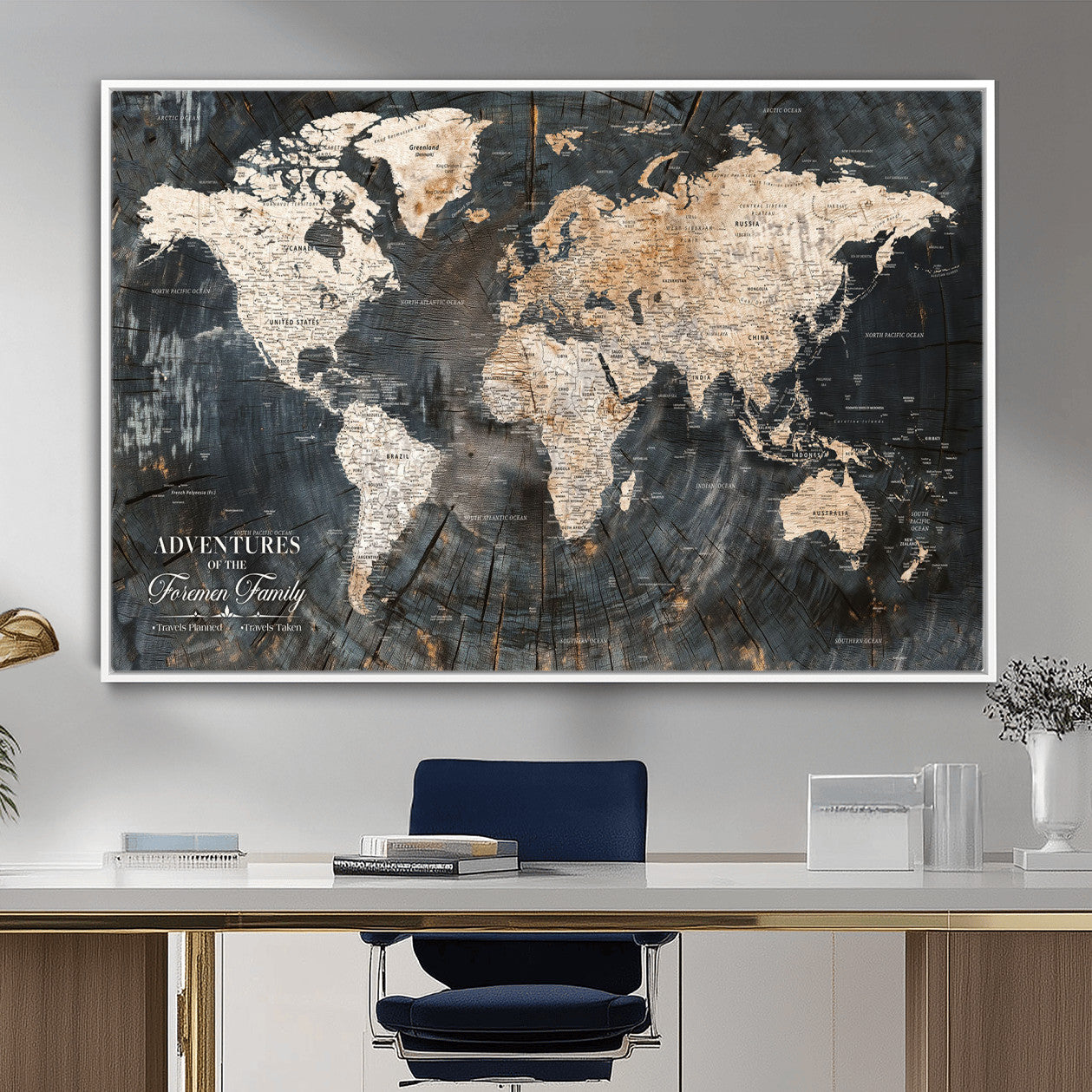 58265369-MGV-FC-36X24 - Customized Push Pin World Map Wall Art Canvas Print with Pins, Personalized Travel Tracker Map, Framed World Map for Living Room, Office and Home Decor