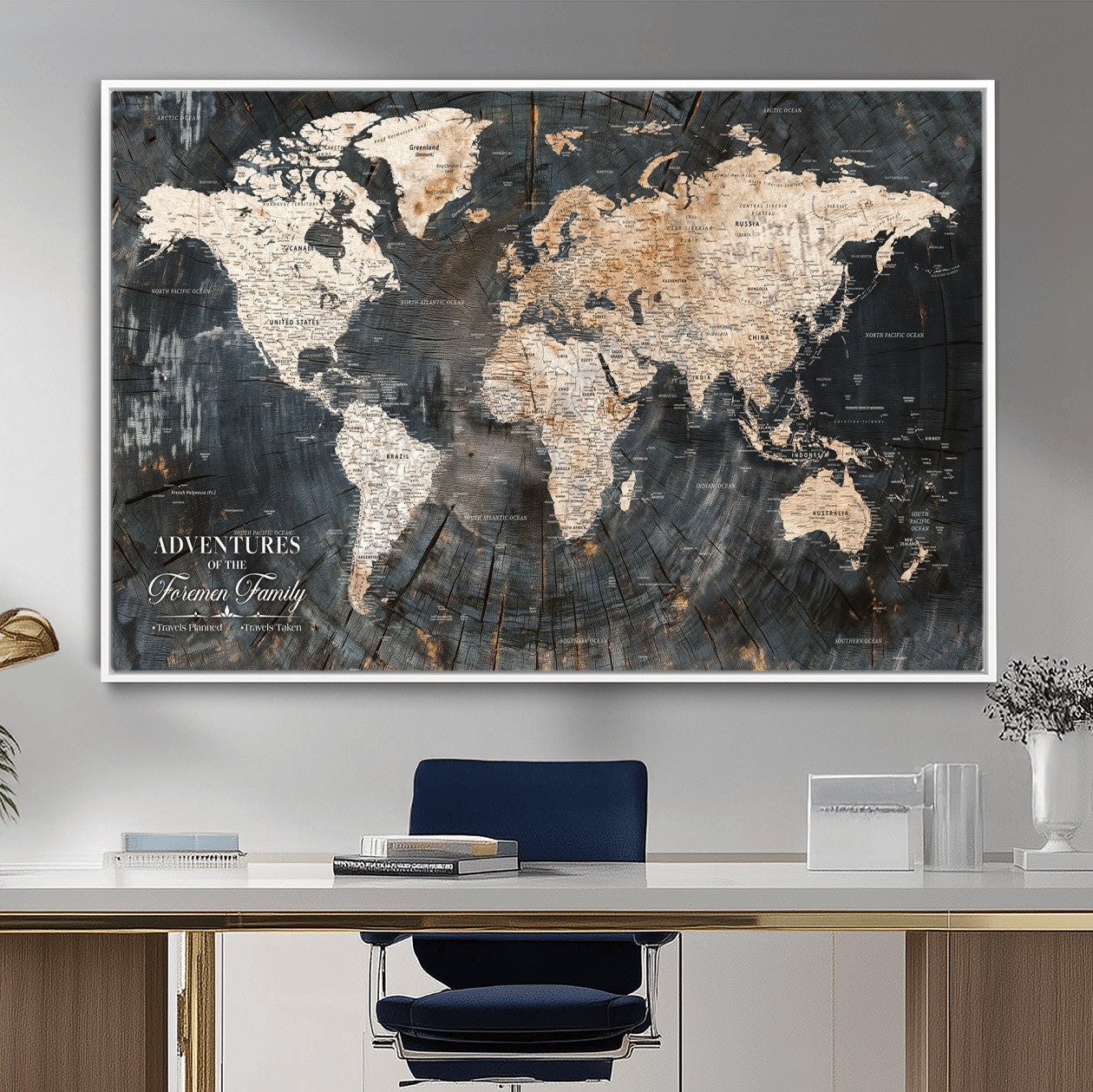 58265369-MGV-FC-36X24 - Customized Push Pin World Map Wall Art Canvas Print with Pins, Personalized Travel Tracker Map, Framed World Map for Living Room, Office and Home Decor