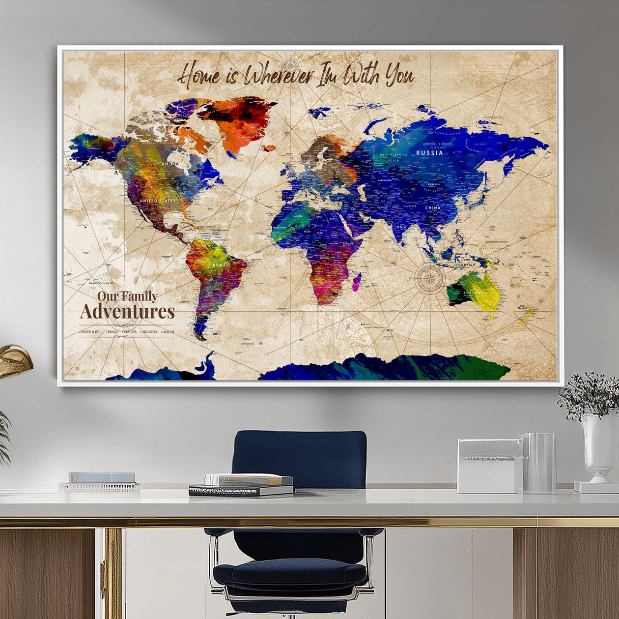 42795268-MGV-FC-36X24 - Personalized Push Pin World Map Canvas Print – Custom Adventure Travel Map, Framed Wall Art Gift for Couples or Family