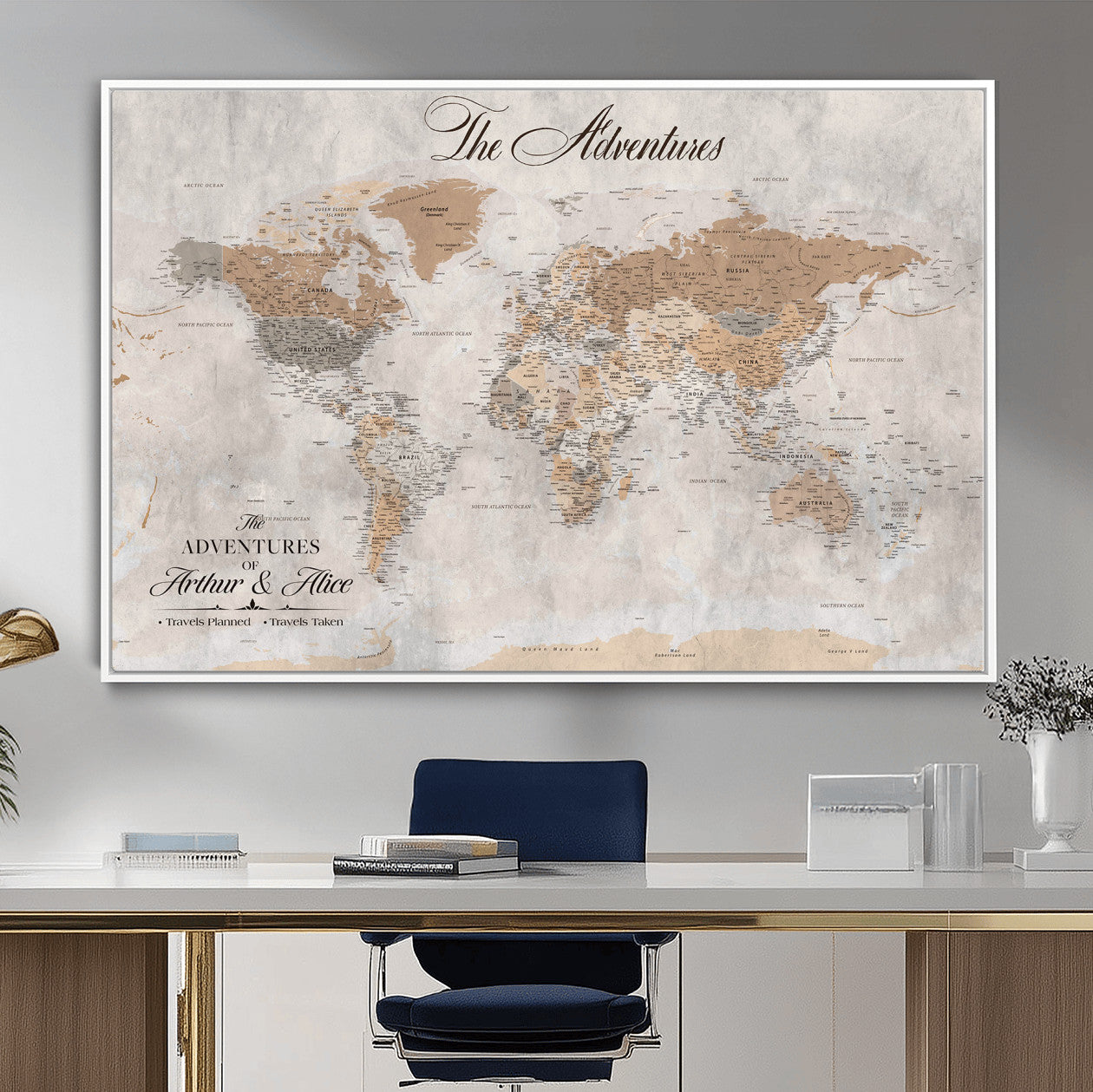 91774967-MGV-FC-36X24 - Personalized Push Pin World Map Canvas Print – Custom Framed Travel Tracker Artwork for Couples or Home Decor