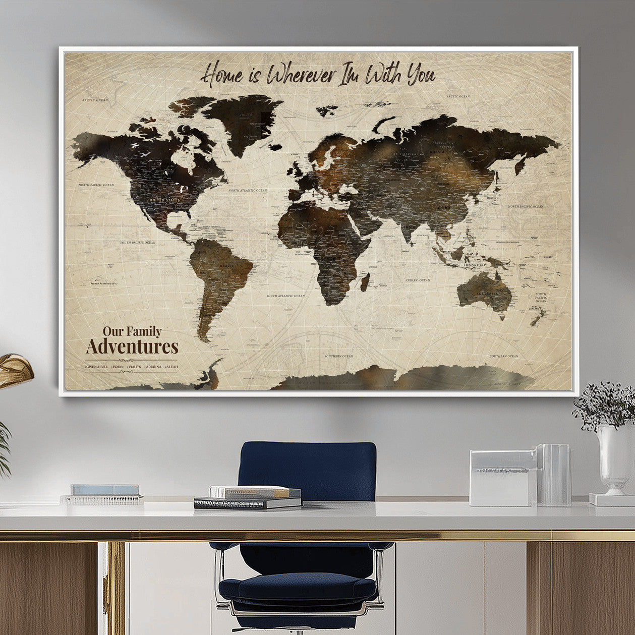 57979837-MGV-FC-36X24 - Personalized Push Pin World Map Canvas Print – Custom Framed Travel Tracker Wall Art Large Map Artwork for Home, Office