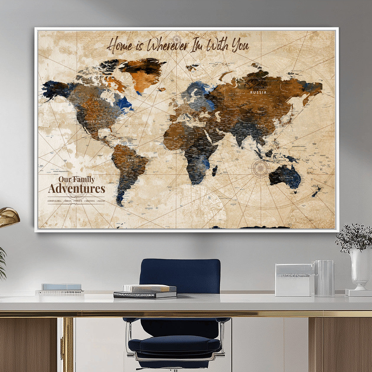 37709027-MGV-FC-36X24 - Customized Push Pin World Map Wall Art Canvas Print with Pins, Vintage Personalized Travel Tracker Map, Framed World Map for Living Room, Office and Home Decor