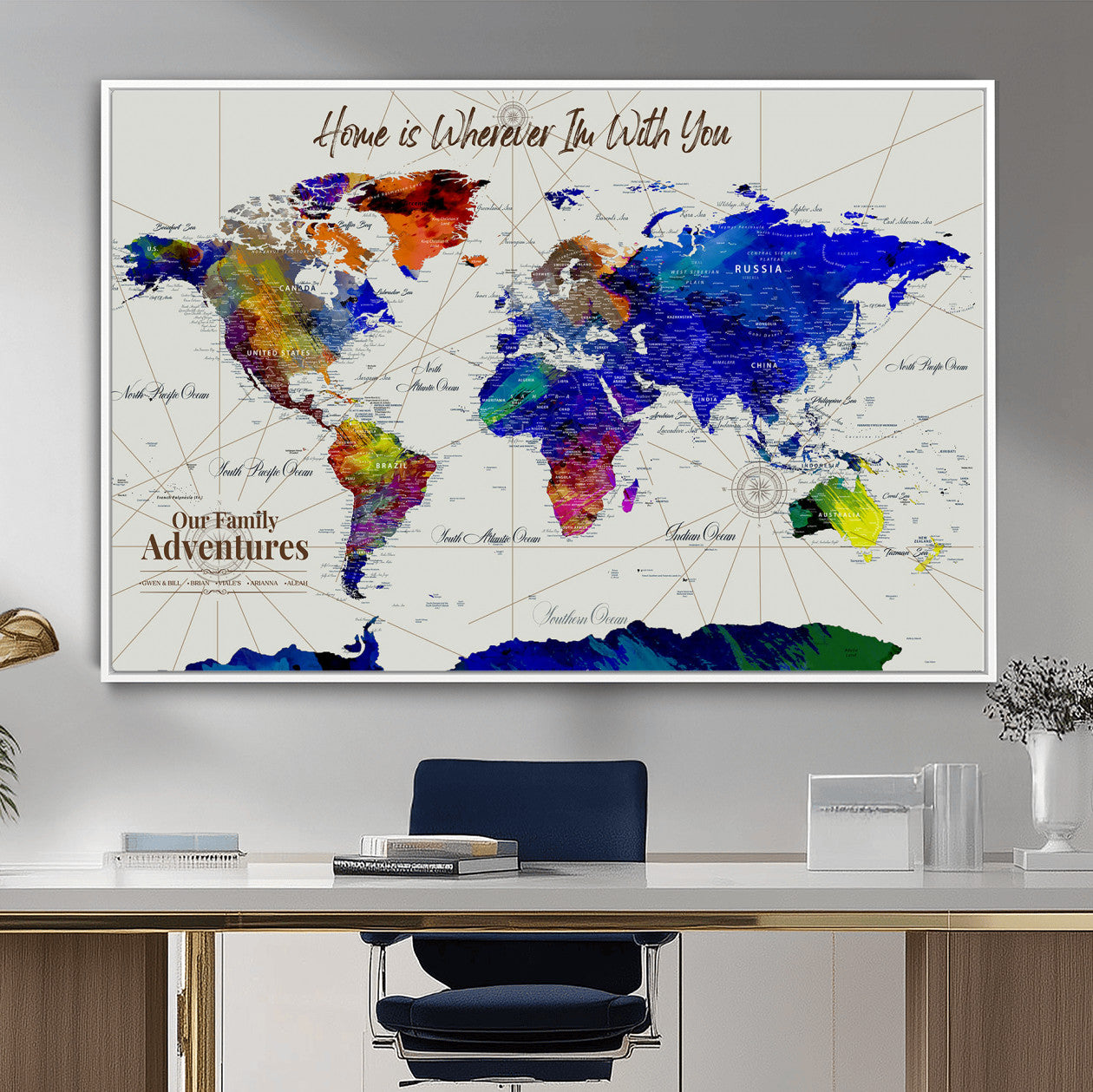 74686301-MGV-FC-36X24 - Customized Push Pin World Map Wall Art Canvas Print with Pins, Personalized Travel Tracker Map, Framed World Map for Living Room, Office and Home Decor