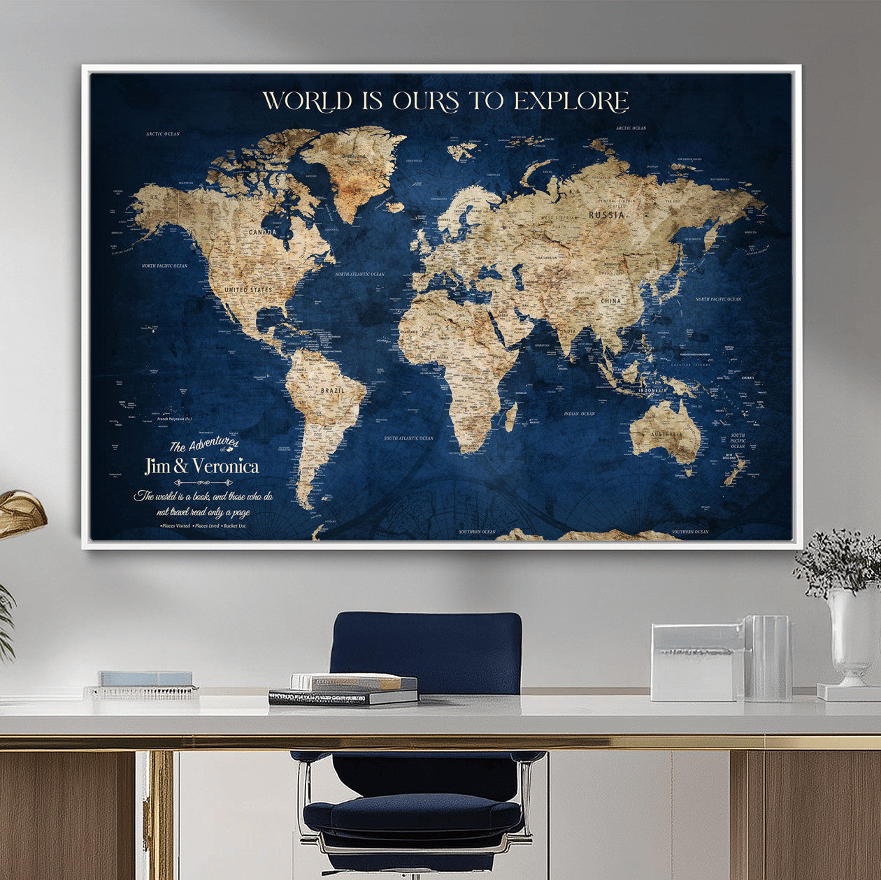 33364828-MGV-FC-36X24 - Personalized World Map Wall Art – Custom Framed Push Pin Travel Tracker Canvas Print Unique Gift for Home, Office