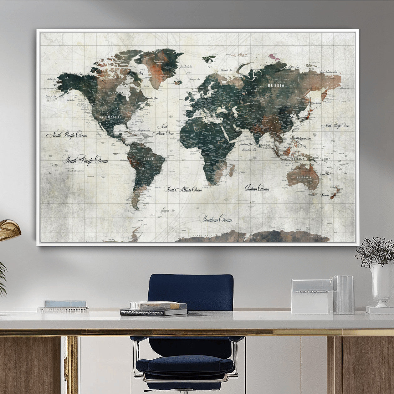 90149079-MGV-FC-36X24 - World Map Wall Art Canvas Print, Modern Decorative Framed Map Artwork Prints for Living Room, Office, Bedroom Wall Decor