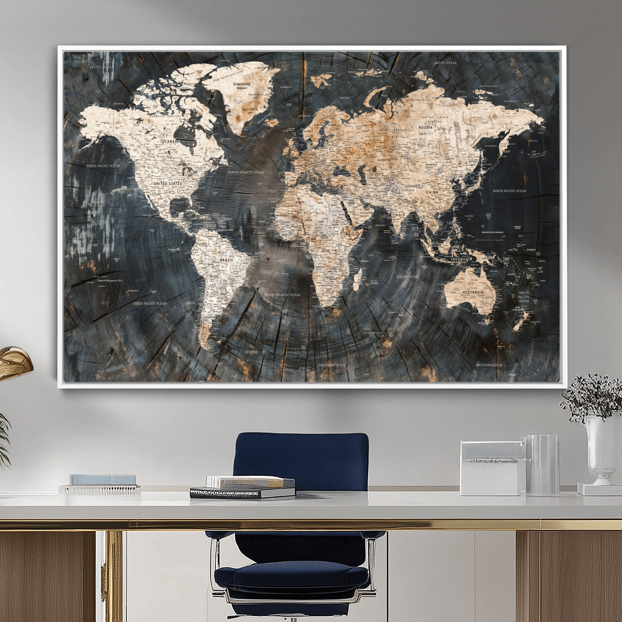57626704-MGV-FC-36X24 - World Map Wall Art Canvas Print, Modern Decorative Framed Map Artwork Prints for Living Room, Office, Bedroom Wall Decor