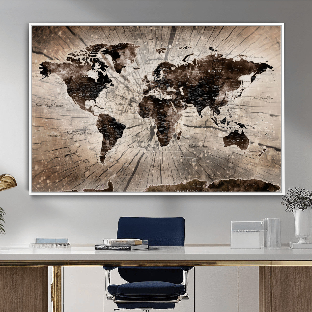 35326624-MGV-FC-36X24 - World Map Wall Art Canvas Print, Modern Decorative Framed Map Artwork Prints for Living Room, Office, Bedroom Wall Decor