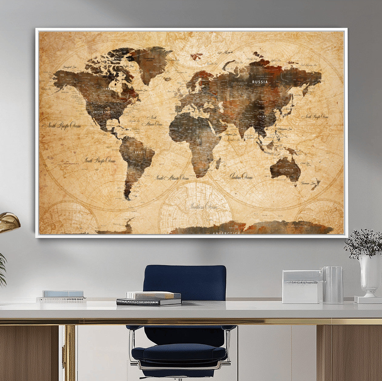 14542905-MGV-FC-36X24 - World Map Wall Art Canvas Print, Modern Decorative Framed Map Artwork Prints for Living Room, Office, Bedroom Wall Decor