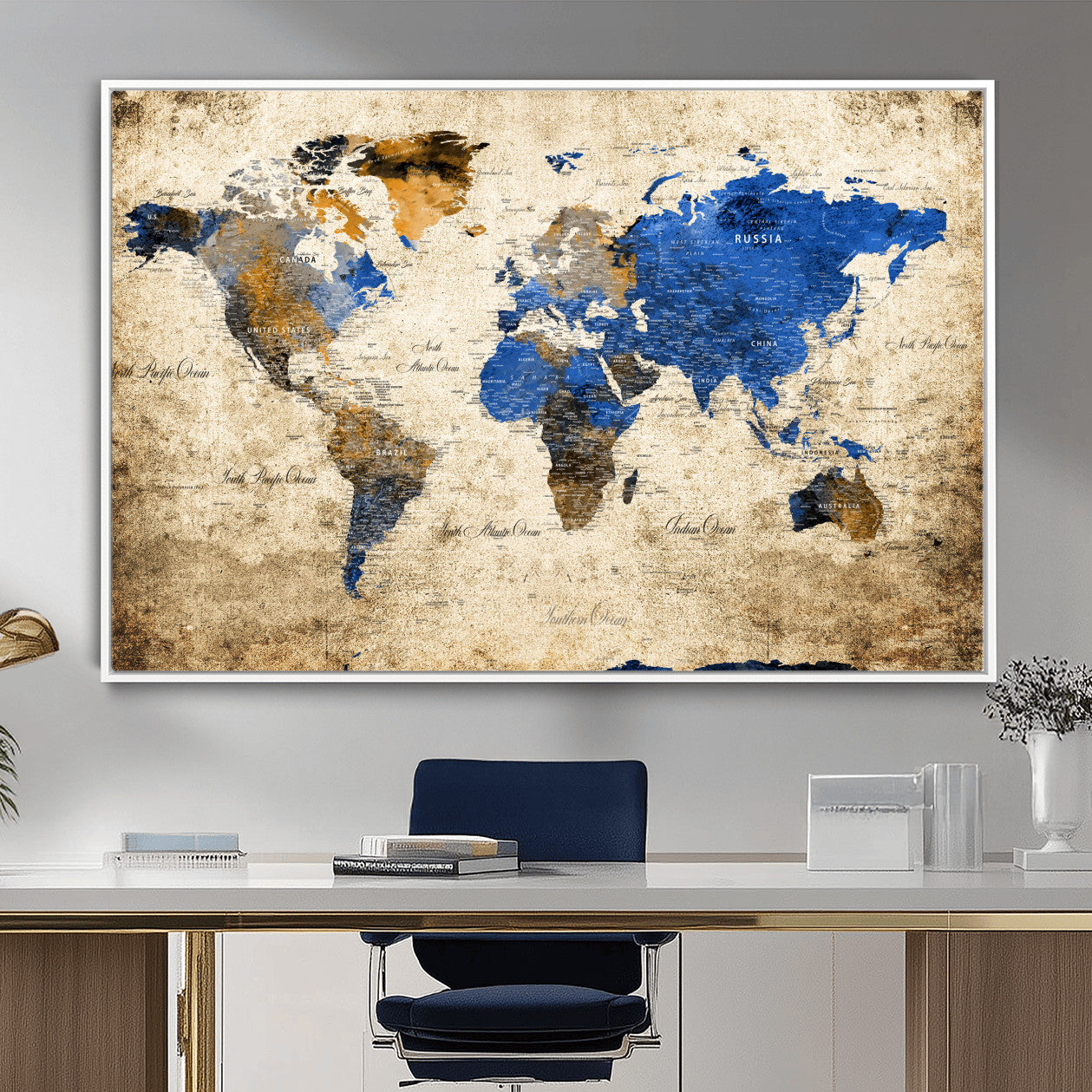 13564339-MGV-FC-36X24 - World Map Wall Art Canvas Print, Modern Decorative Framed Map Artwork Prints for Living Room, Office, Bedroom Wall Decor