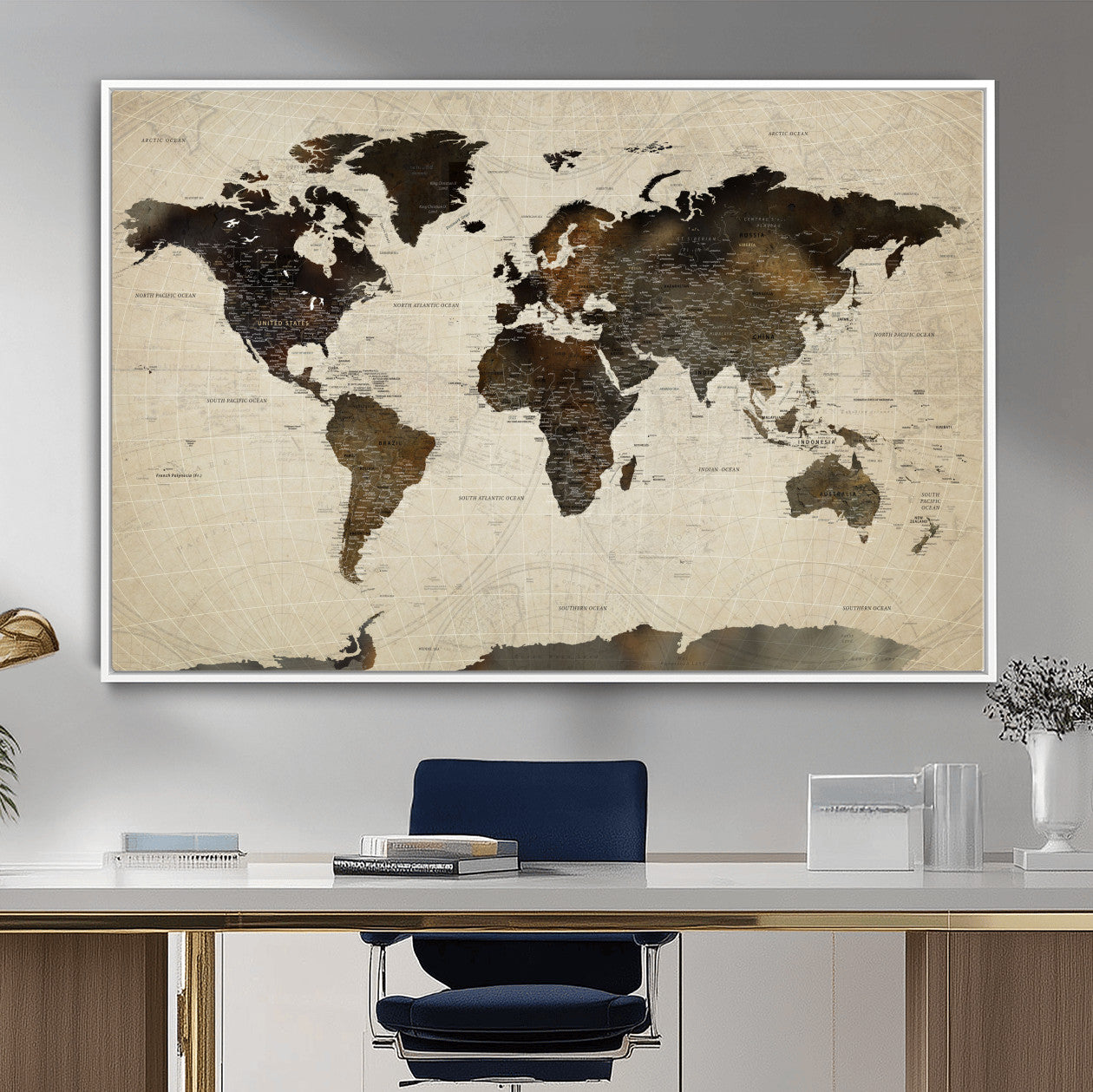 81771296-MGV-FC-36X24 - World Map Wall Art Canvas Print, Modern Decorative Framed Map Artwork Prints for Living Room, Office, Bedroom Wall Decor