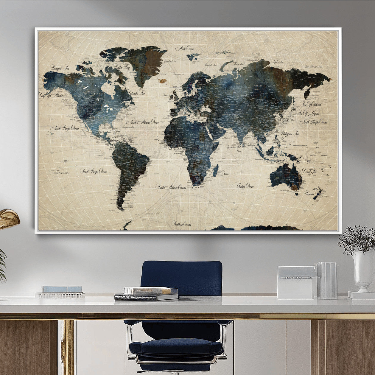 33438443-MGV-FC-36X24 - World Map Wall Art Canvas Print, Modern Decorative Framed Map Artwork Prints for Living Room, Office, Bedroom Wall Decor