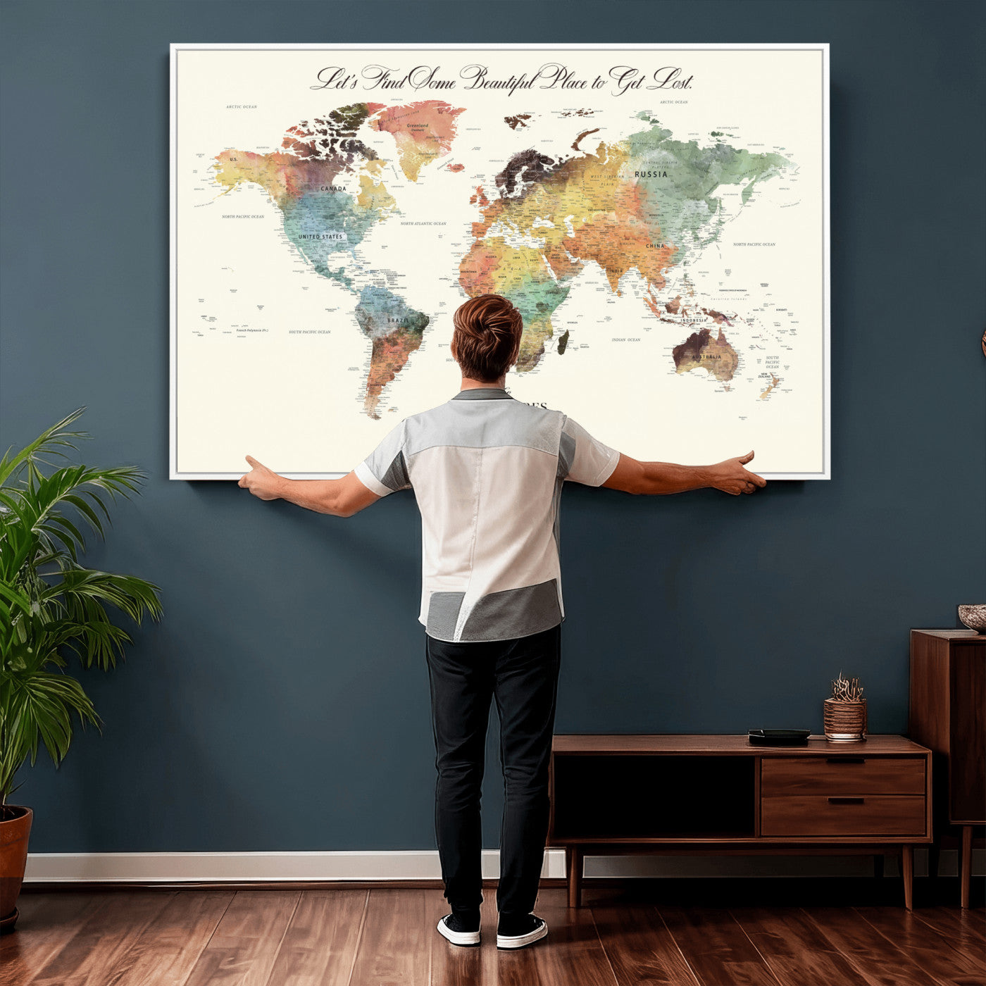 67119830-MGV-FC-36X24 - Customized Push Pin World Map Wall Art Canvas Print with Pins, Framed Personalize Travel Tracker Map, World Map for Living Room and Office Decor
