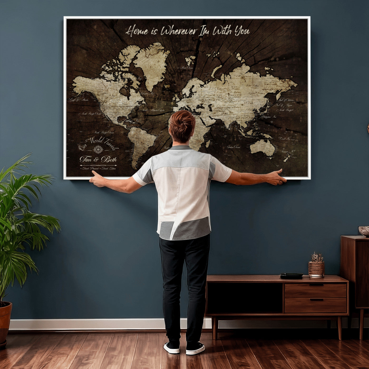 57852913-MGV-FC-36X24 - Customized Push Pin World Map Wall Art Canvas Print with Pins, Framed Personalize Travel Tracker Map, World Map for Living Room and Office Decor