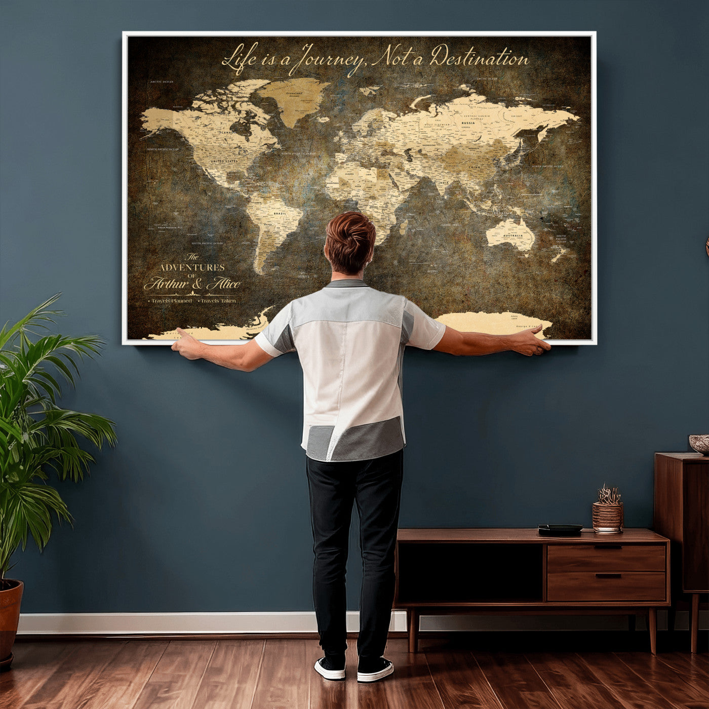 75877068-MGV-CV-36X24 - Custom Push Pin World Map Wall Art Canvas Print β Personalized Travel Tracker with Pins Framed Large for Home and Office Decor