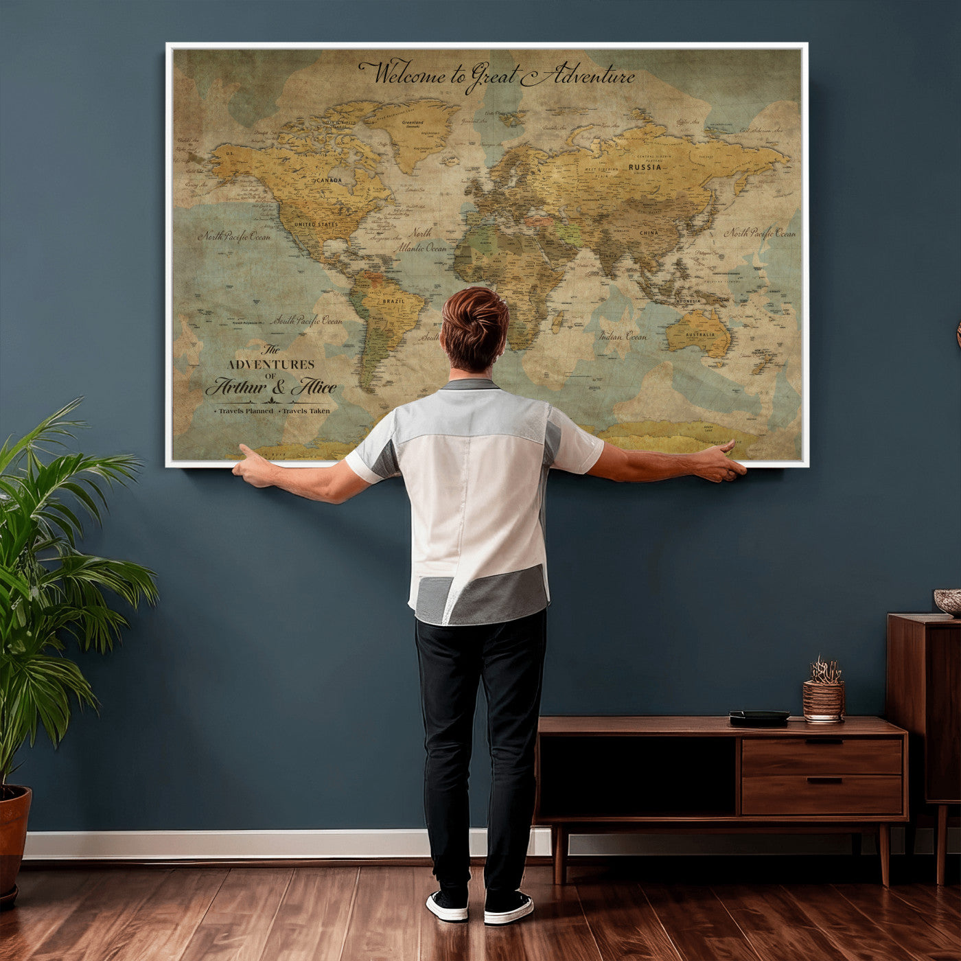 37903085-MGV-CV-36X24 - Custom Push Pin World Map Wall Art Canvas Print – Personalized Travel Tracker with Pins Framed Large for Home and Office Decor