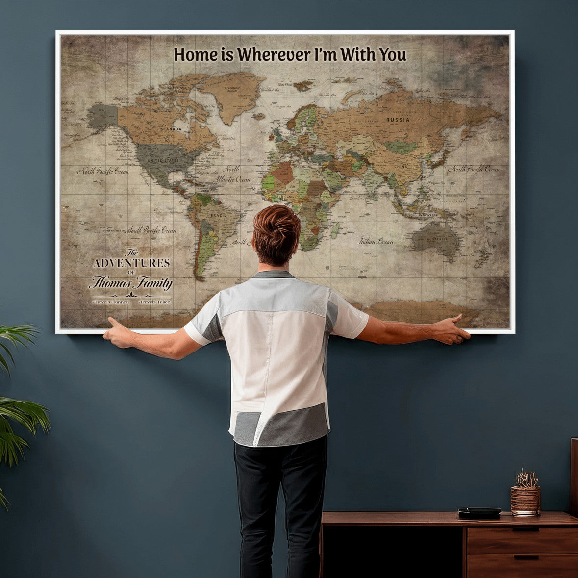 22593671-MGV-CV-36X24 - Custom Push Pin World Map Wall Art Canvas Print – Personalized Travel Tracker with Pins Framed Large for Home and Office Decor