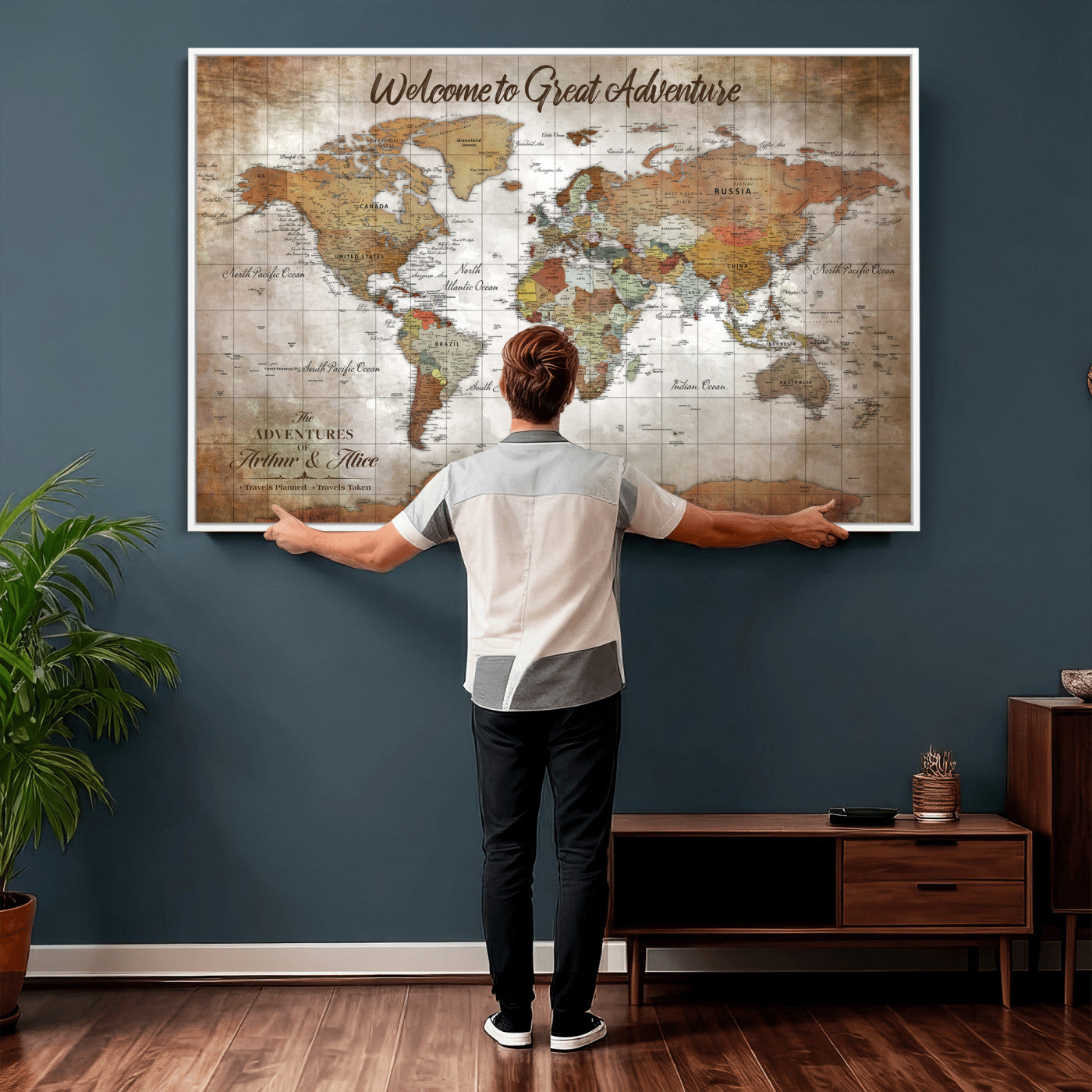 94821994-MGV-CV-36X24 - Custom Push Pin World Map Wall Art Canvas Print – Personalized Travel Tracker with Pins Framed Large for Home and Office Decor