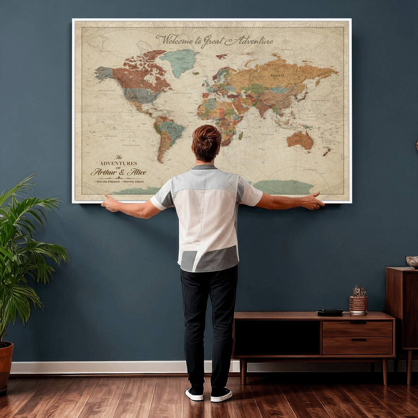 44361524-MGV-CV-36X24 - Custom Push Pin World Map Wall Art Canvas Print – Personalized Travel Tracker with Pins Framed Large for Home and Office Decor