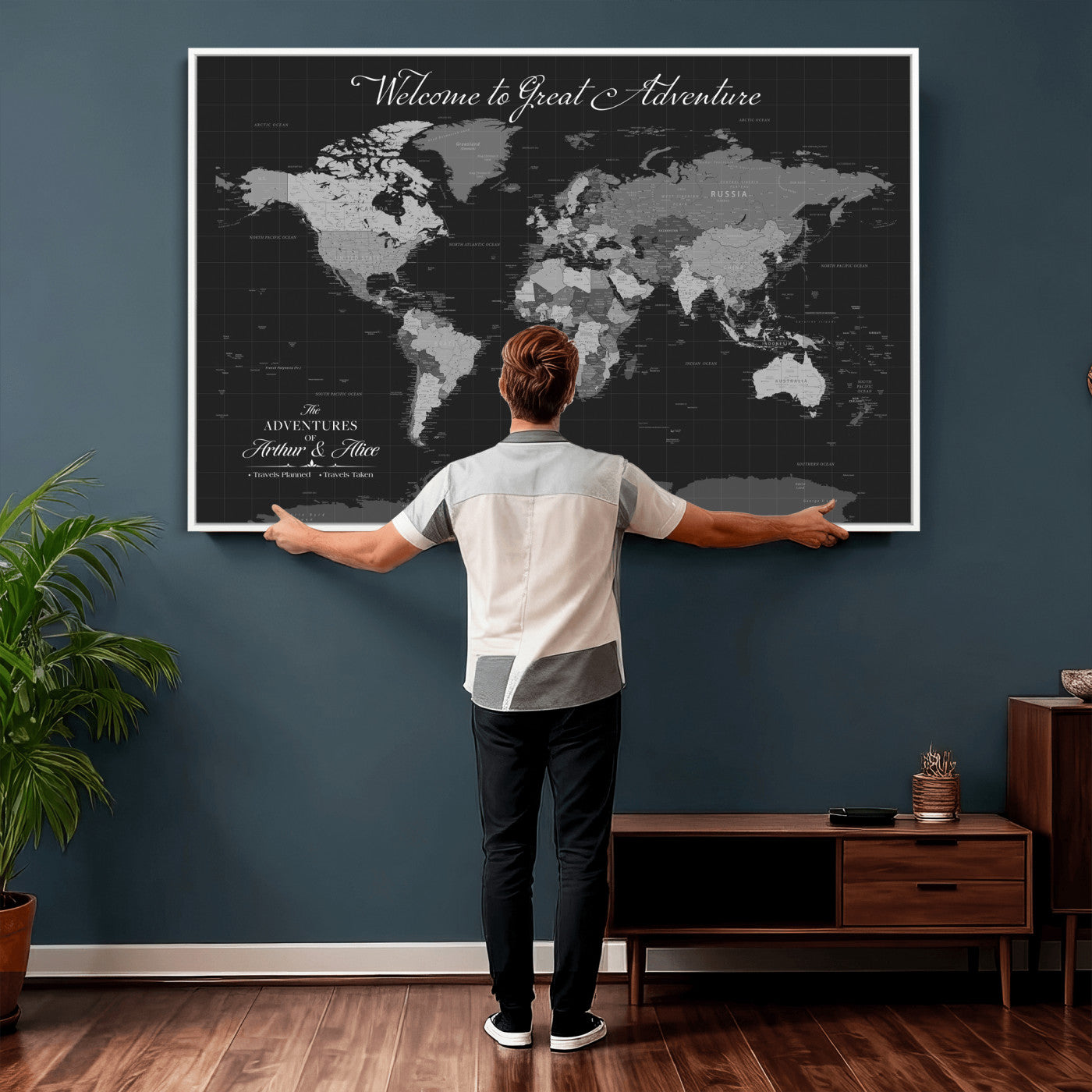 57127599-MGV-CV-36X24 - Custom Push Pin World Map Wall Art Canvas Print – Personalized Travel Tracker with Pins Framed Large for Home and Office Decor